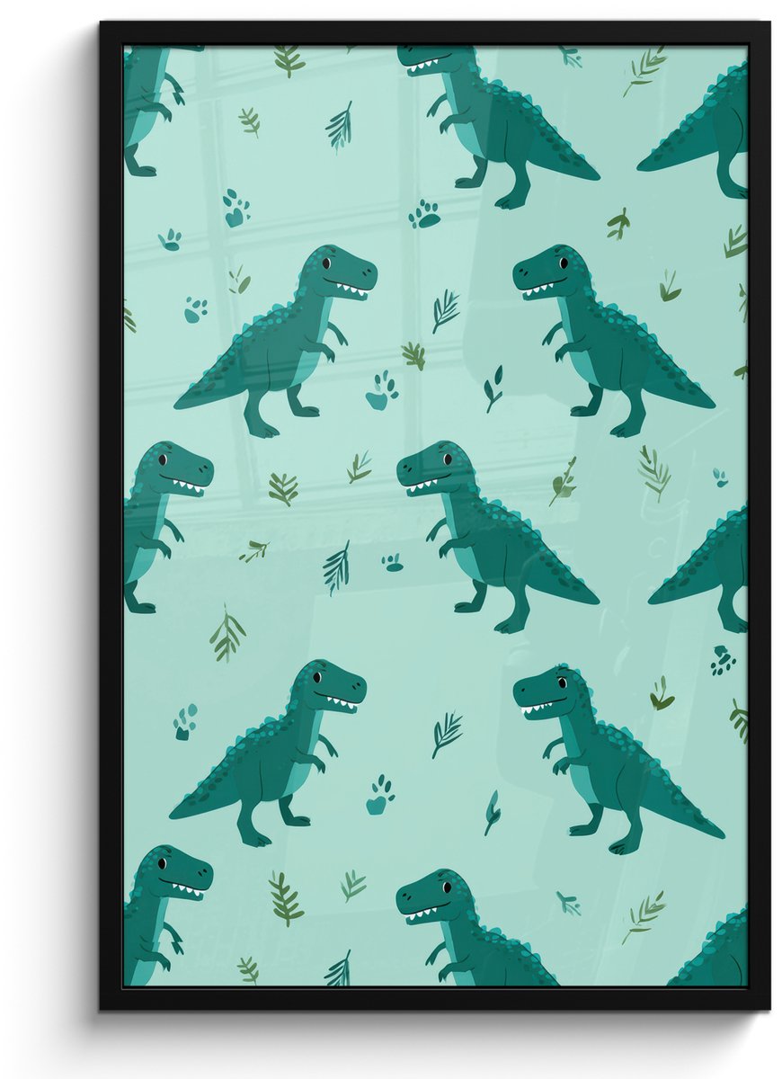 FrameYourWall Poster in lijst - Fotolijst 60x90 cm - Posters - Donkergroen - Dinosaurussen - Afdrukken - Bladeren - Posterlijst zwart - Decoratie - Wanddecoratie woonkamer - Muurdecoratie slaapkamer Dinosaurussen - Bladeren