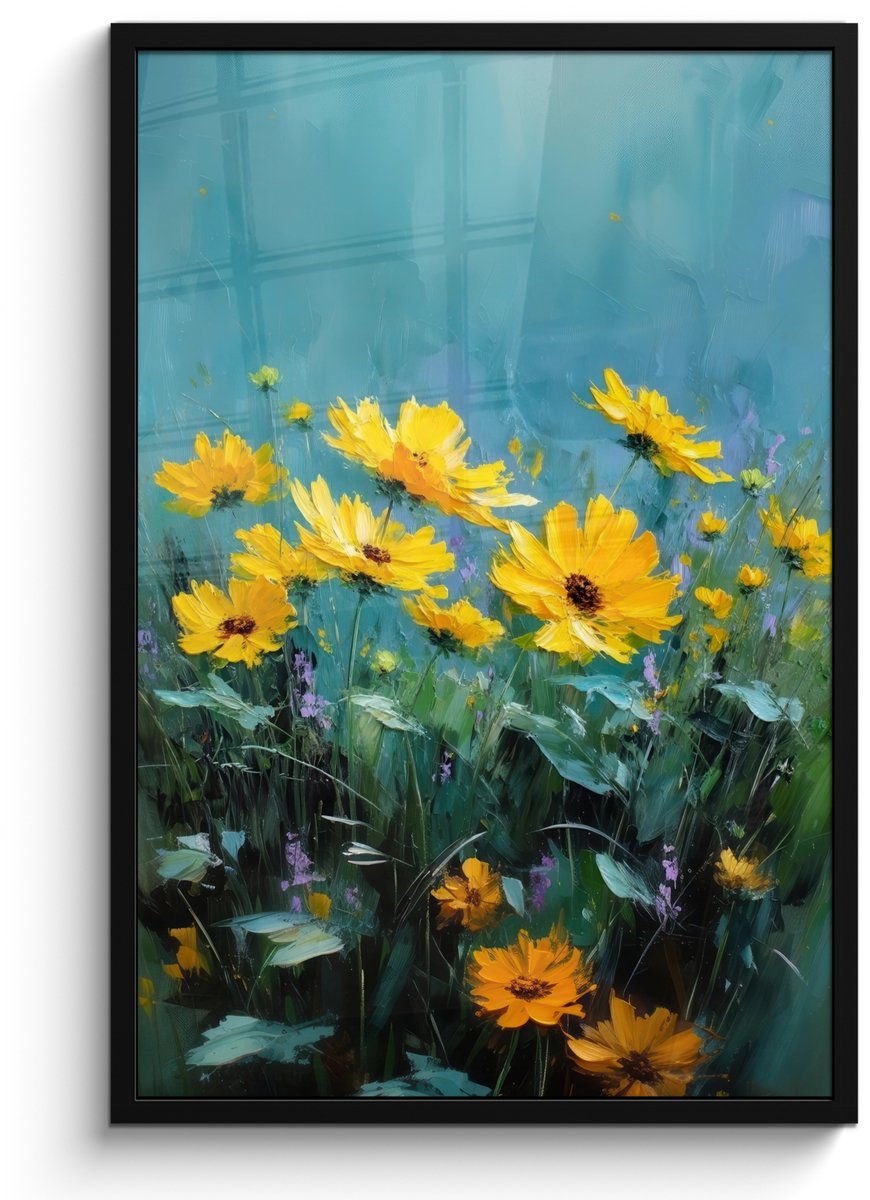 FrameYourWall Poster in lijst - Fotolijst 60x90 cm - Posters - Penseelstreken - Bloemen - Felgeel - Abstract - Posterlijst zwart - Decoratie - Wanddecoratie woonkamer - Muurdecoratie slaapkamer