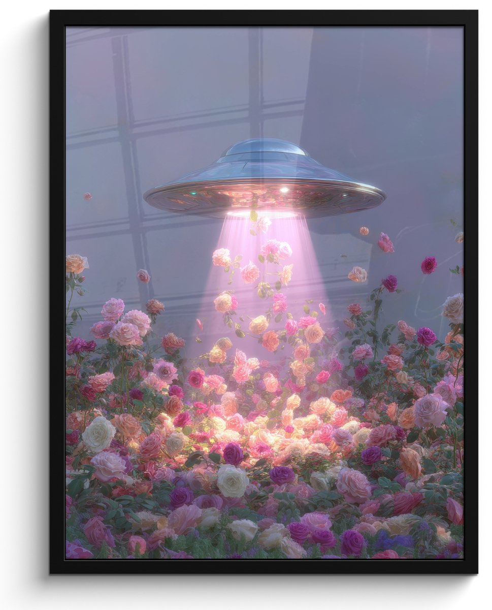 FrameYourWall Poster in lijst - Fotolijst 60x80 cm - Posters - Ufo - Rozen - Pastelkleuren - Posterlijst zwart - Decoratie - Wanddecoratie woonkamer - Muurdecoratie slaapkamer