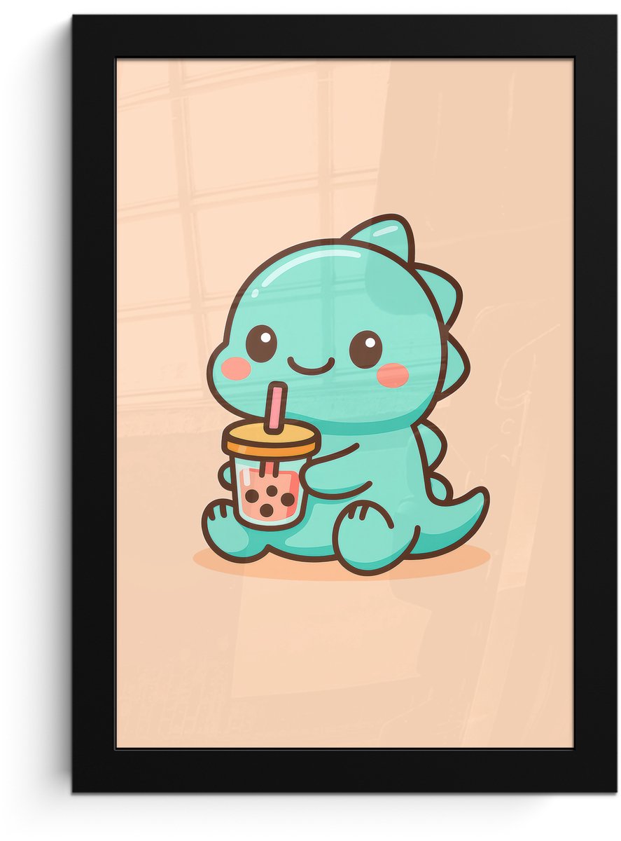 FrameYourWall Poster in lijst - Fotolijst 20x30 cm - Posters - Dino - Boba - kawaii - Oranje - Posterlijst zwart - Decoratie - Wanddecoratie woonkamer - Muurdecoratie slaapkamer