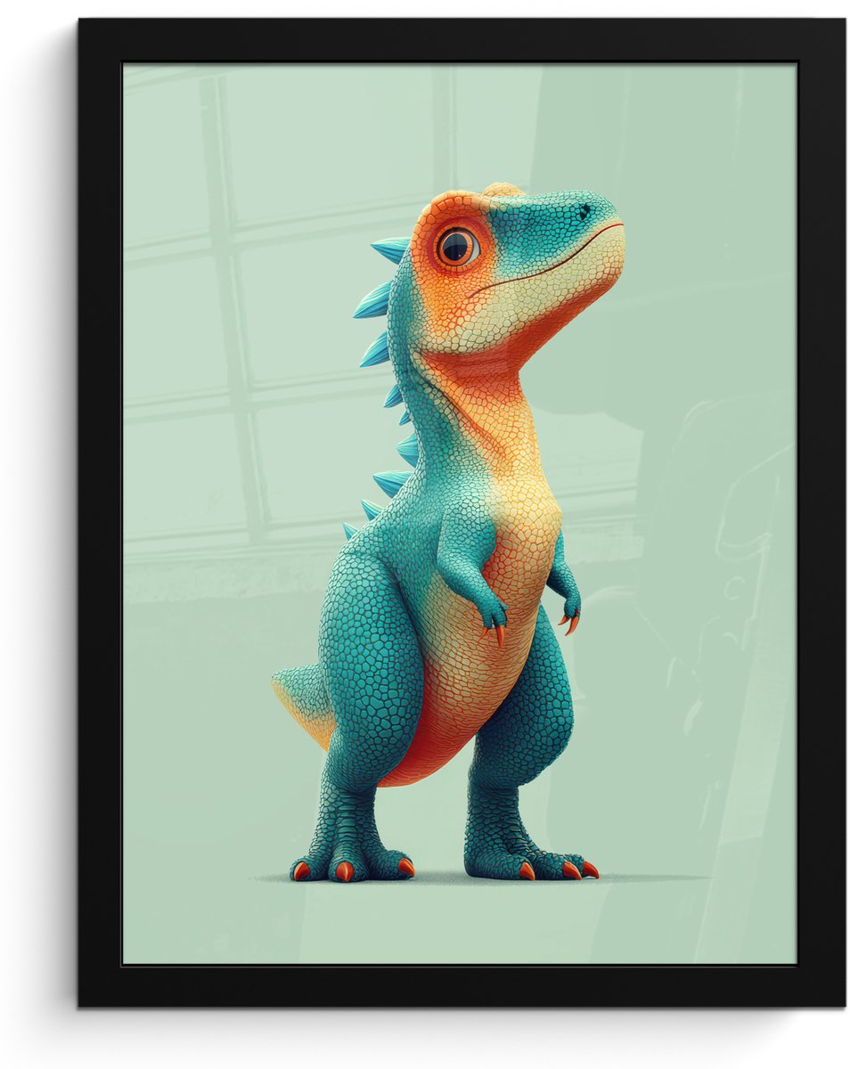 FrameYourWall Poster in lijst - Fotolijst 30x40 cm - Posters - Cartoon - Dino - Oranje - Stekels - Posterlijst zwart - Decoratie - Wanddecoratie woonkamer - Muurdecoratie slaapkamer