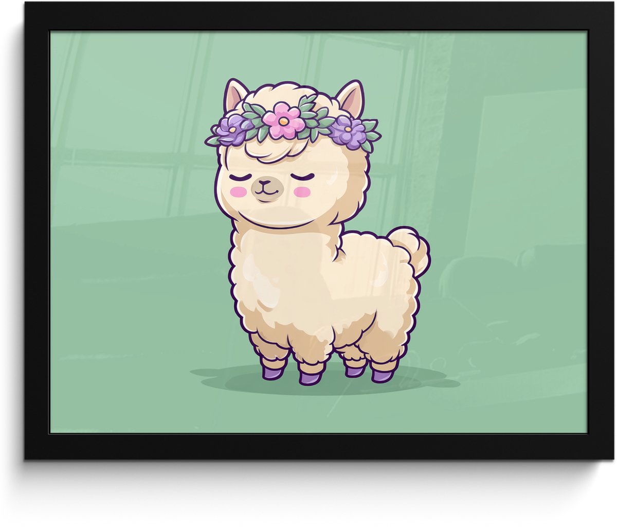 FrameYourWall Poster in lijst - Fotolijst 40x30 cm - Posters - Alpaca - Groen - Bloemendiadeem - Posterlijst zwart - Decoratie - Wanddecoratie woonkamer - Muurdecoratie slaapkamer