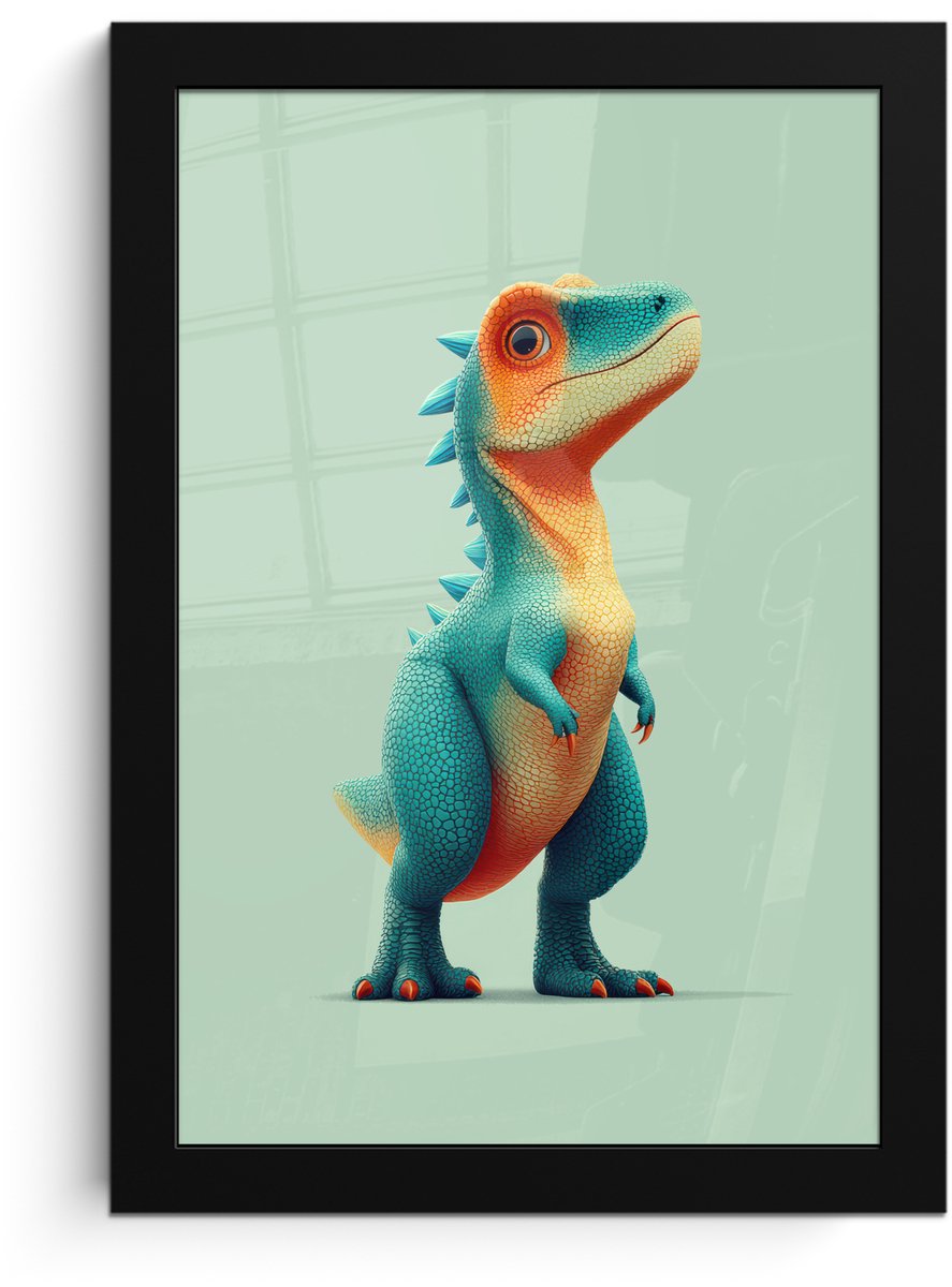 FrameYourWall Poster in lijst - Fotolijst 20x30 cm - Posters - Cartoon - Dino - Oranje - Stekels - Posterlijst zwart - Decoratie - Wanddecoratie woonkamer - Muurdecoratie slaapkamer