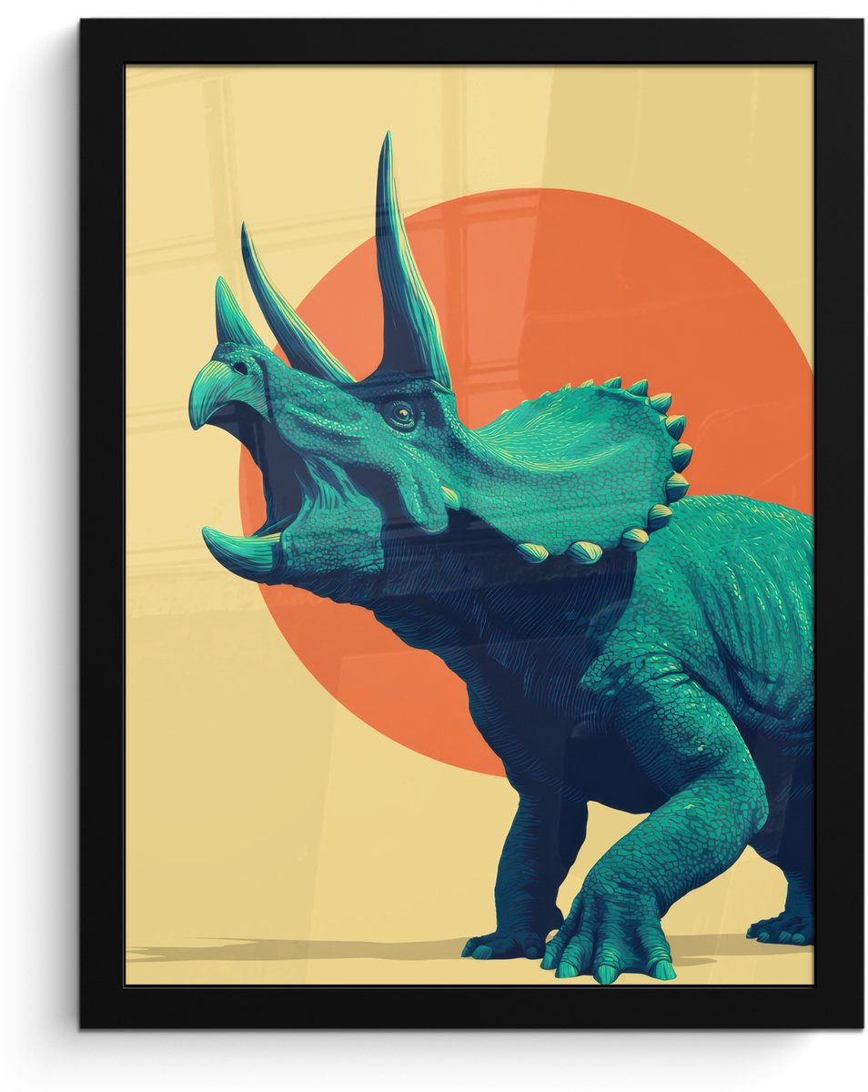 FrameYourWall Poster in lijst - Fotolijst 30x40 cm - Posters - Triceratops - Cirkel - Oranje - Hoorns - Posterlijst zwart - Decoratie - Wanddecoratie woonkamer - Muurdecoratie slaapkamer