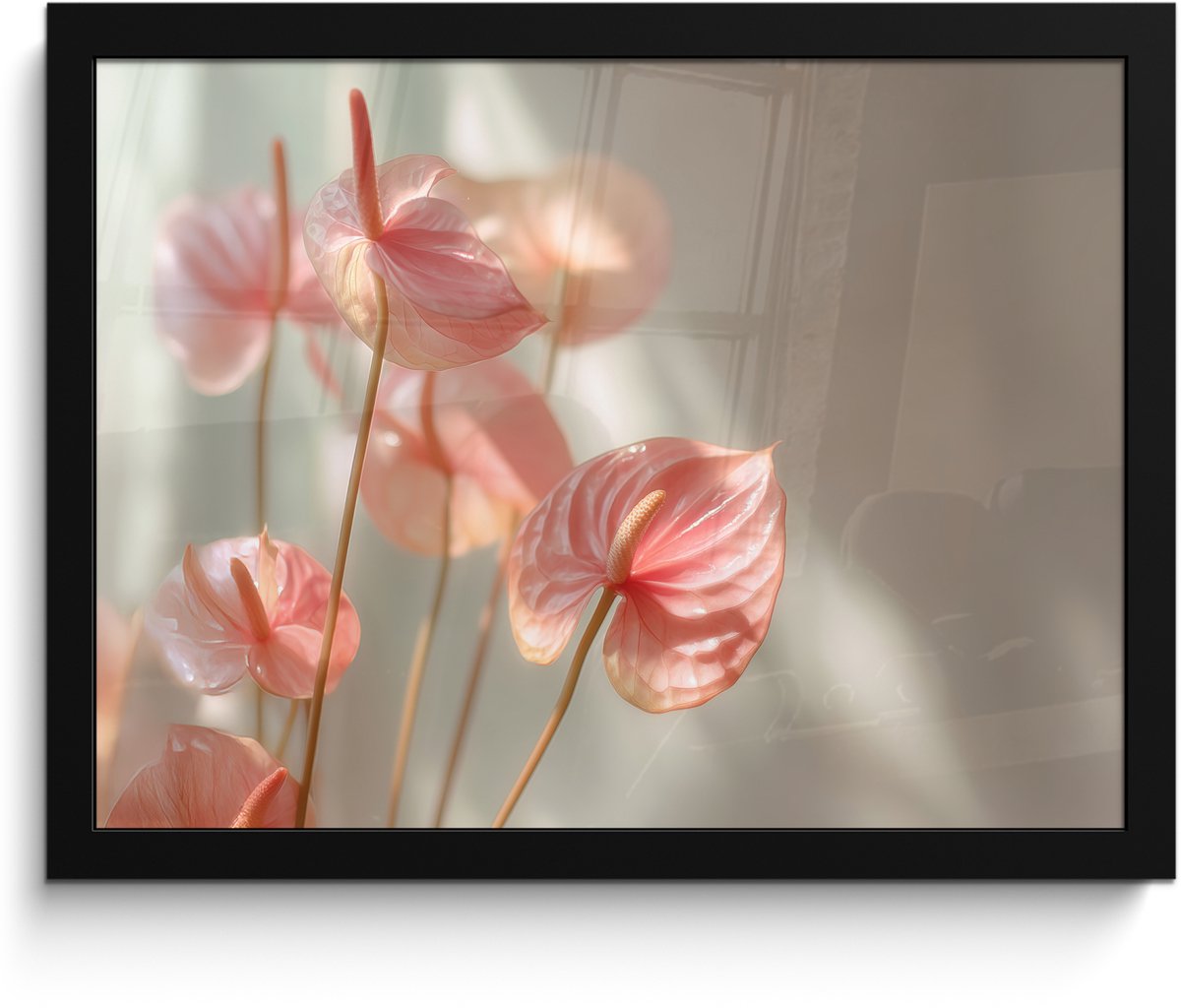 FrameYourWall Poster in lijst - Fotolijst 40x30 cm - Posters - Bloemen - Stelen - Roze - Schaduw - Posterlijst zwart - Decoratie - Wanddecoratie woonkamer - Muurdecoratie slaapkamer