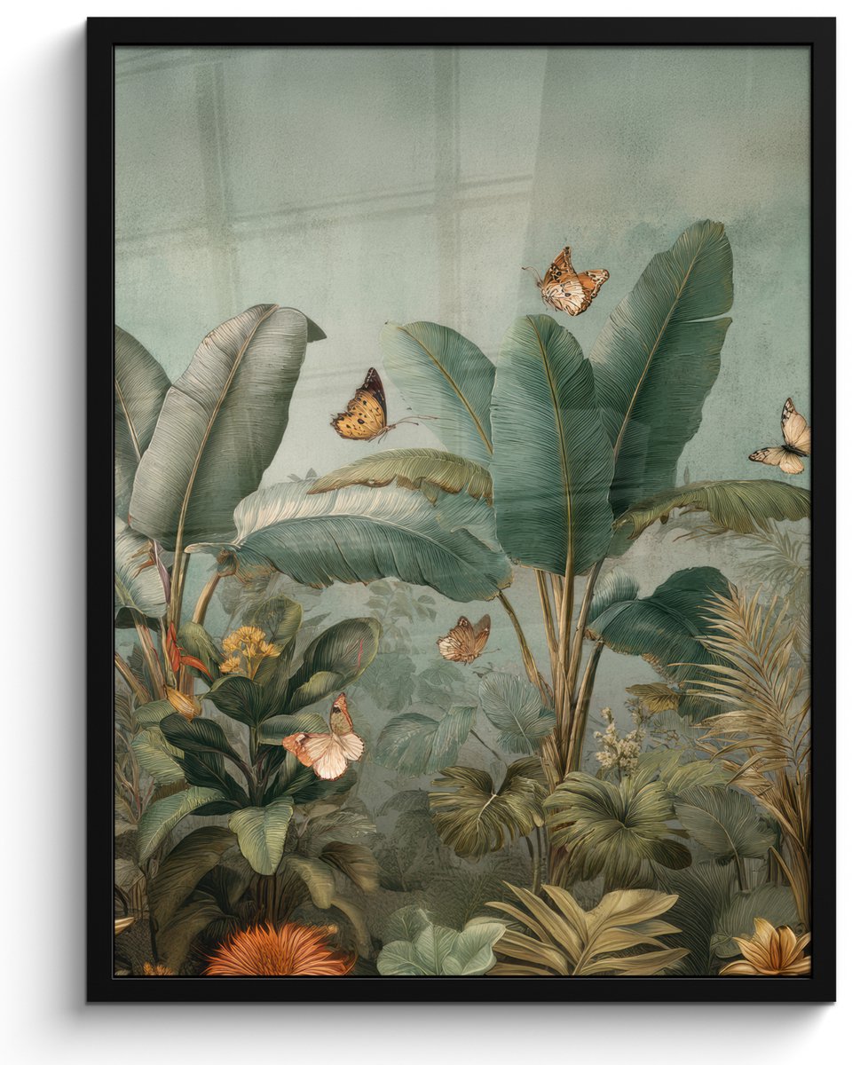 FrameYourWall Poster in lijst - Fotolijst 60x80 cm - Posters - Tropisch bladerdek - Vlinders - groen - Bruin - Posterlijst zwart - Decoratie - Wanddecoratie woonkamer - Muurdecoratie slaapkamer Tropisch - Bladeren - Vlinders
