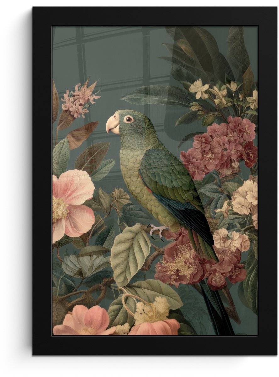 FrameYourWall Poster in lijst - Fotolijst 20x30 cm - Posters - Groene papegaai - Kleurrijke bloemen - Donkere achtergrond - Posterlijst zwart - Decoratie - Wanddecoratie woonkamer - Muurdecoratie slaapkamer Papegaai - Bloemen