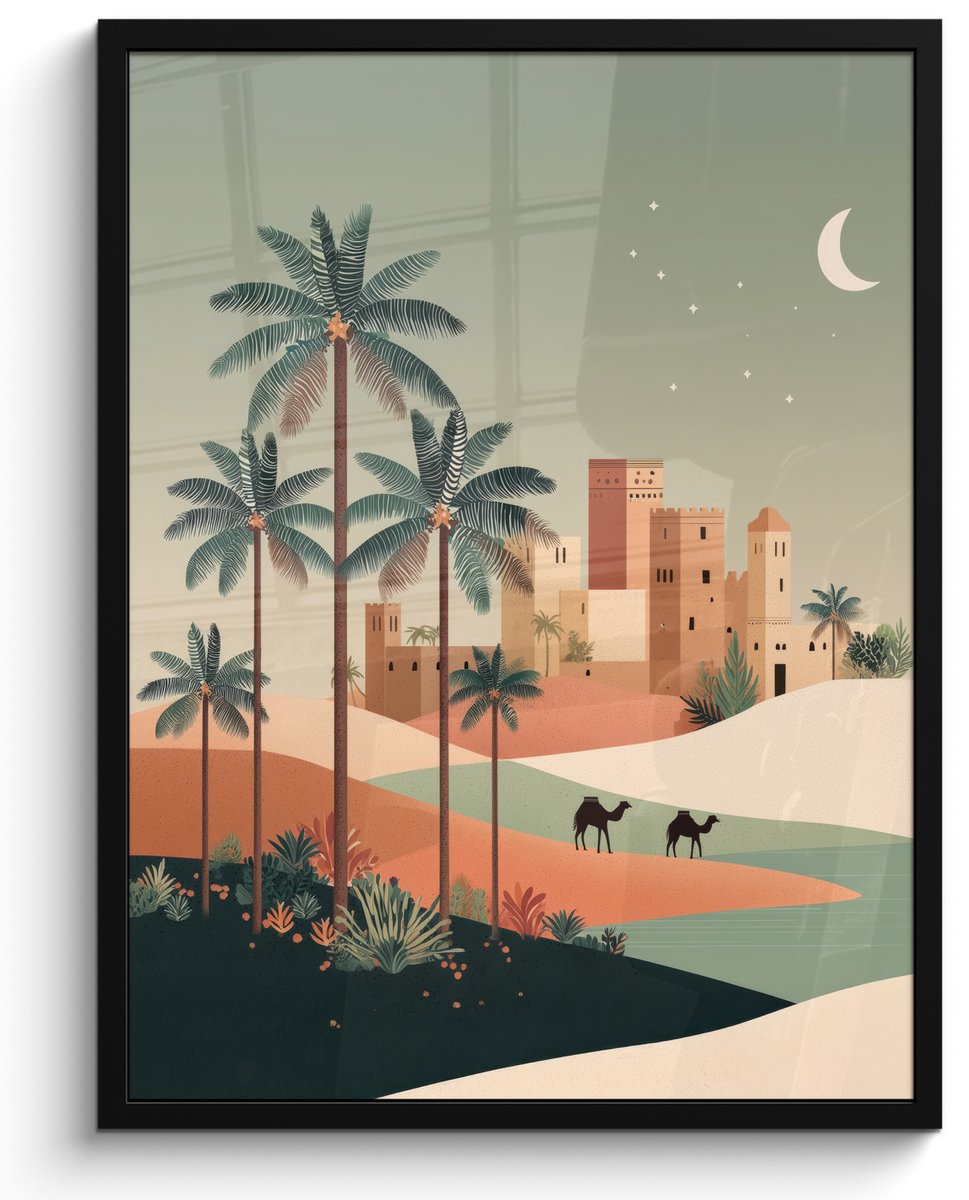 FrameYourWall Poster in lijst - Fotolijst 60x80 cm - Posters - Nachtlandschap - Kamelen - Sterren - zandduinden - Posterlijst zwart - Decoratie - Wanddecoratie woonkamer - Muurdecoratie slaapkamer