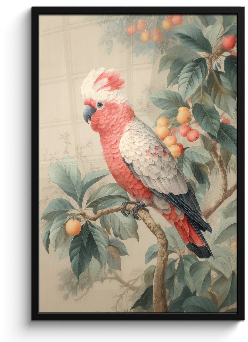 FrameYourWall Poster in lijst - Fotolijst 60x90 cm - Posters - Roze kuifkaketoe - Tak met vruchten - Bladeren - Posterlijst zwart - Decoratie - Wanddecoratie woonkamer - Muurdecoratie slaapkamer Kuifkaketoe - Tak - Vruchten