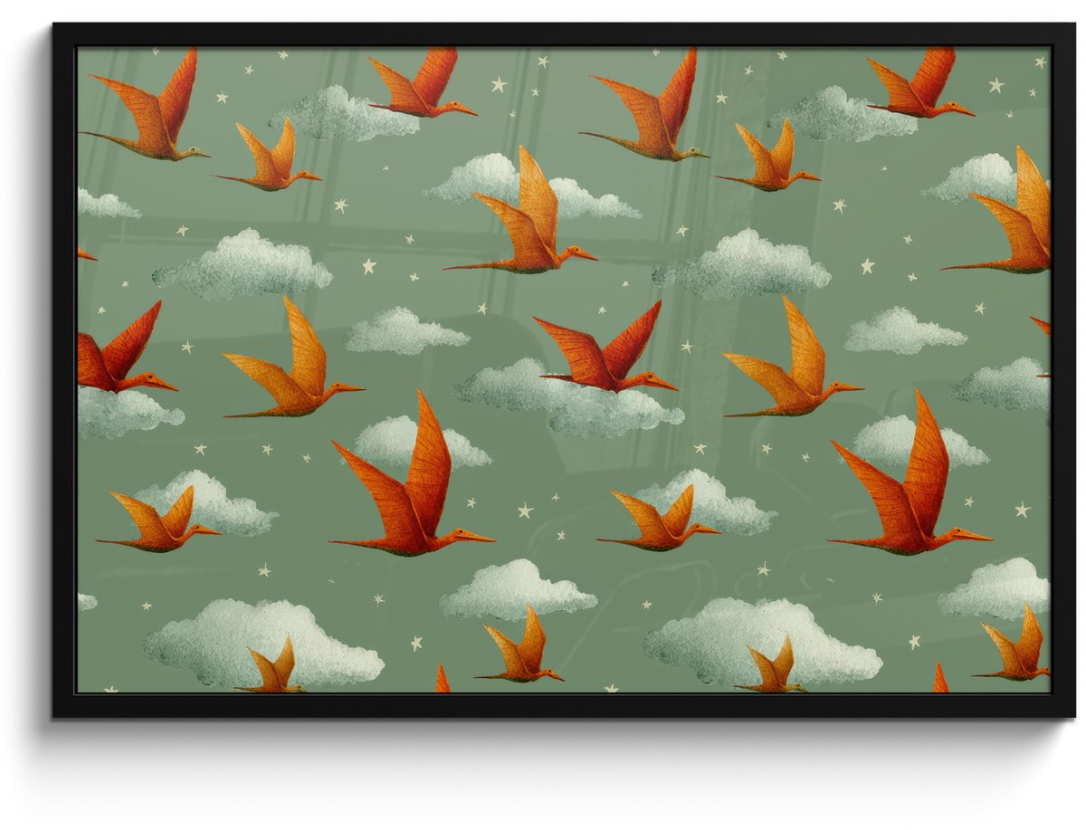 FrameYourWall Poster in lijst - Fotolijst 90x60 cm - Posters - Dinosaurussen - Wolken - Sterren - Oranje - Posterlijst zwart - Decoratie - Wanddecoratie woonkamer - Muurdecoratie slaapkamer