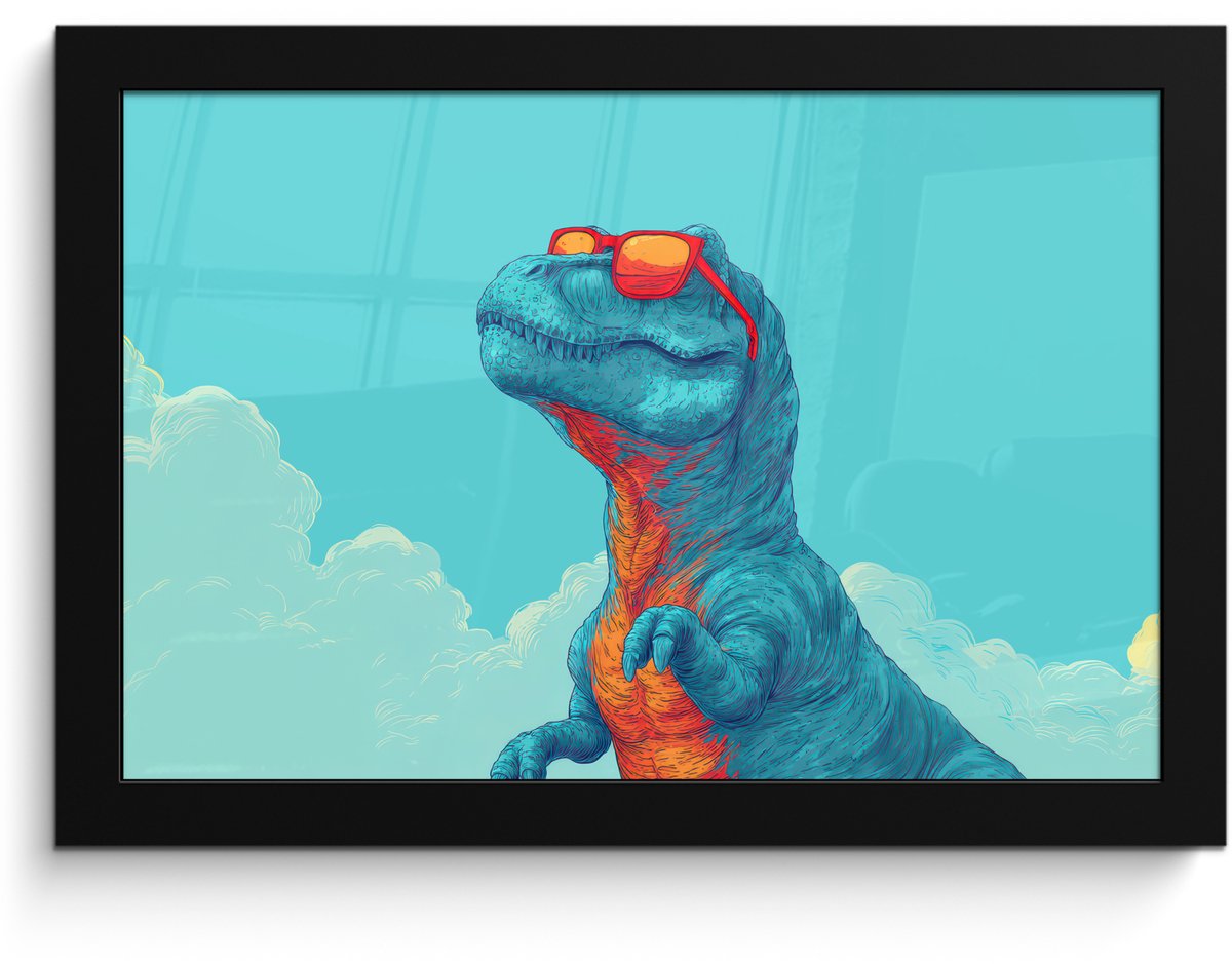 FrameYourWall Poster in lijst - Fotolijst 30x20 cm - Posters - T-Rex - Blauw - Wolken - Zonnebril - Posterlijst zwart - Decoratie - Wanddecoratie woonkamer - Muurdecoratie slaapkamer Dinosaurus - Wolken - Zonnebril