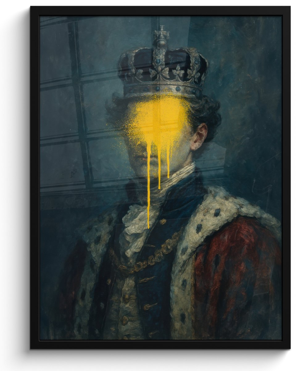 FrameYourWall Poster in lijst - Fotolijst 60x80 cm - Posters - Koning - Portret - Druipende gele verf - Posterlijst zwart - Decoratie - Wanddecoratie woonkamer - Muurdecoratie slaapkamer Koning - Portret - Verf