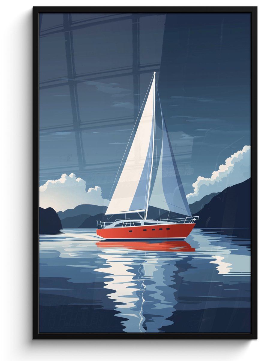 FrameYourWall Poster in lijst - Fotolijst 80x120 cm - Posters - Zeilboot - Donkere bergen - Stilte - Posterlijst zwart - Decoratie - Wanddecoratie woonkamer - Muurdecoratie slaapkamer Zeilboot - Wolken