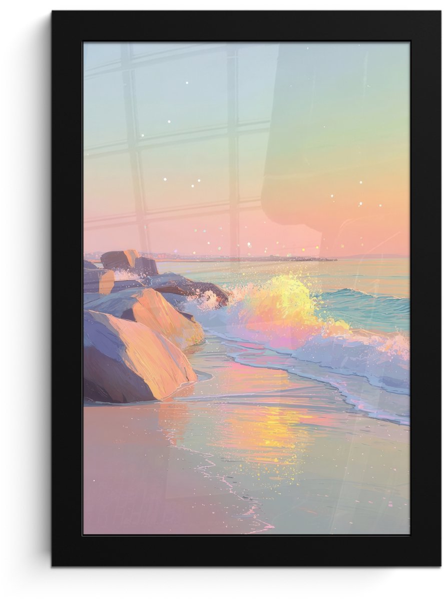 FrameYourWall Poster in lijst - Fotolijst 20x30 cm - Posters - Zomerlicht - Strand - Fonkelende accenten - Posterlijst zwart - Decoratie - Wanddecoratie woonkamer - Muurdecoratie slaapkamer Strand - Zee - Stad