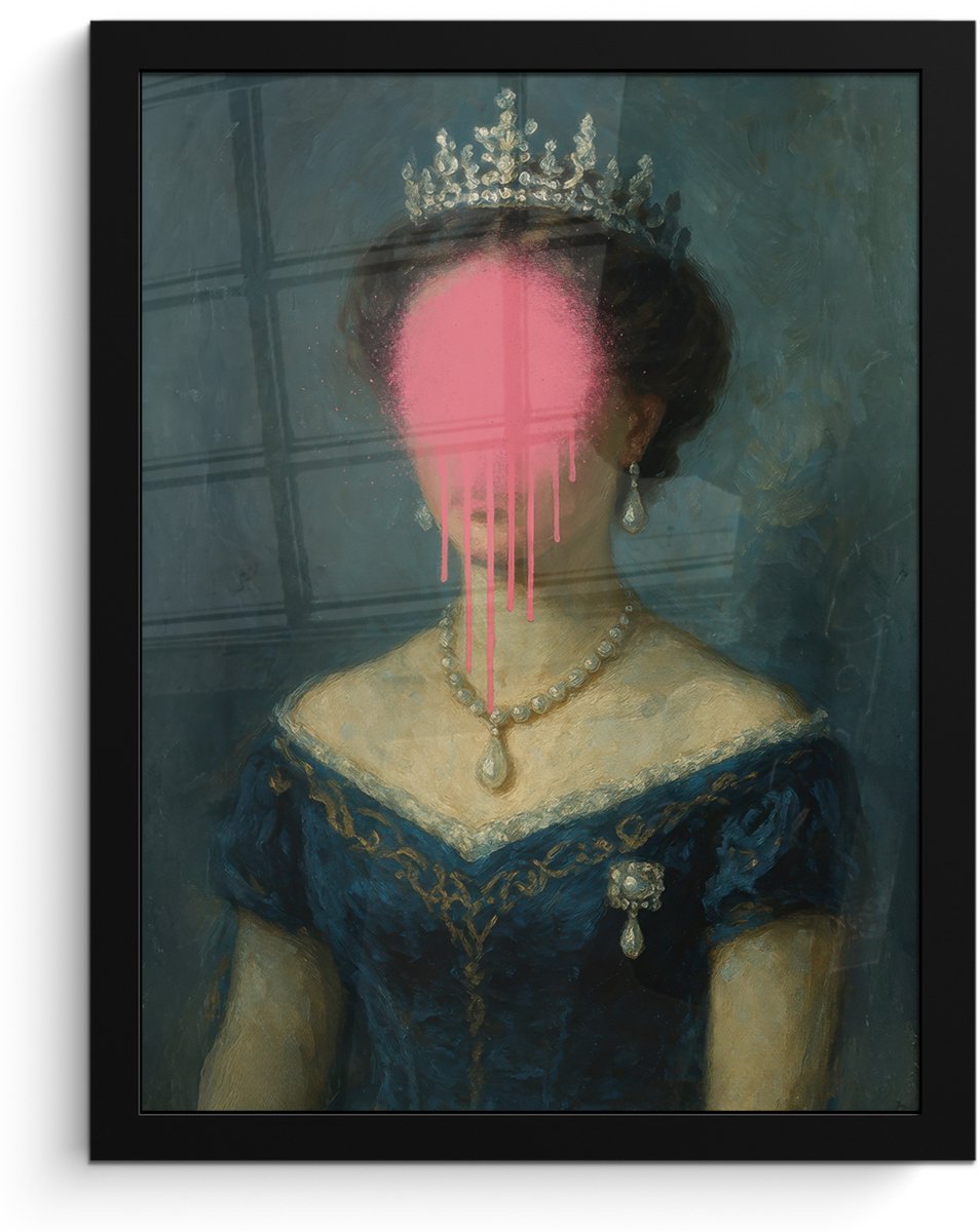 FrameYourWall Poster in lijst - Fotolijst 30x40 cm - Posters - Kroon - Roze druipend verf - Portret - Posterlijst zwart - Decoratie - Wanddecoratie woonkamer - Muurdecoratie slaapkamer Vrouw - Kroon - Verf