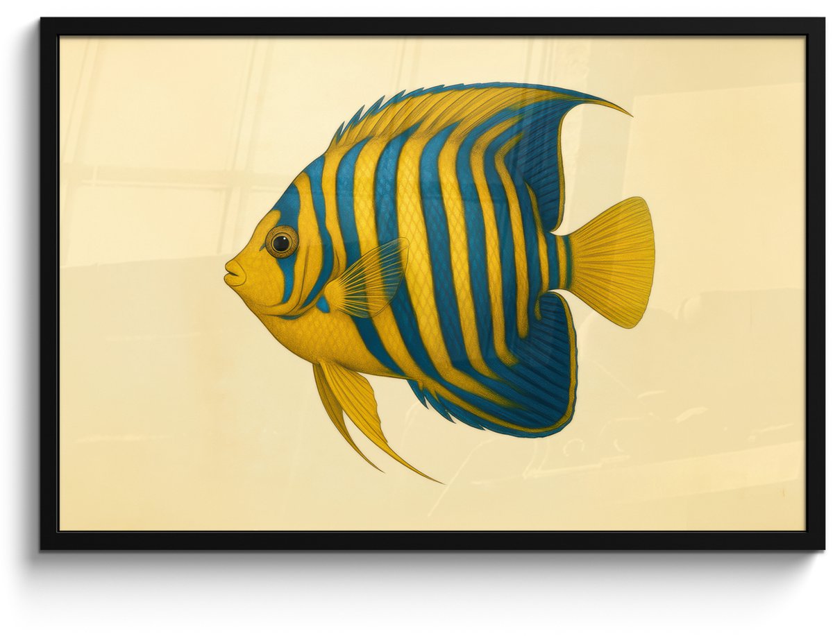 FrameYourWall Poster in lijst - Fotolijst 90x60 cm - Posters - Felgeel - Vis - Strepen - Vinnen - Posterlijst zwart - Decoratie - Wanddecoratie woonkamer - Muurdecoratie slaapkamer Vis - Vinnen - Strepen
