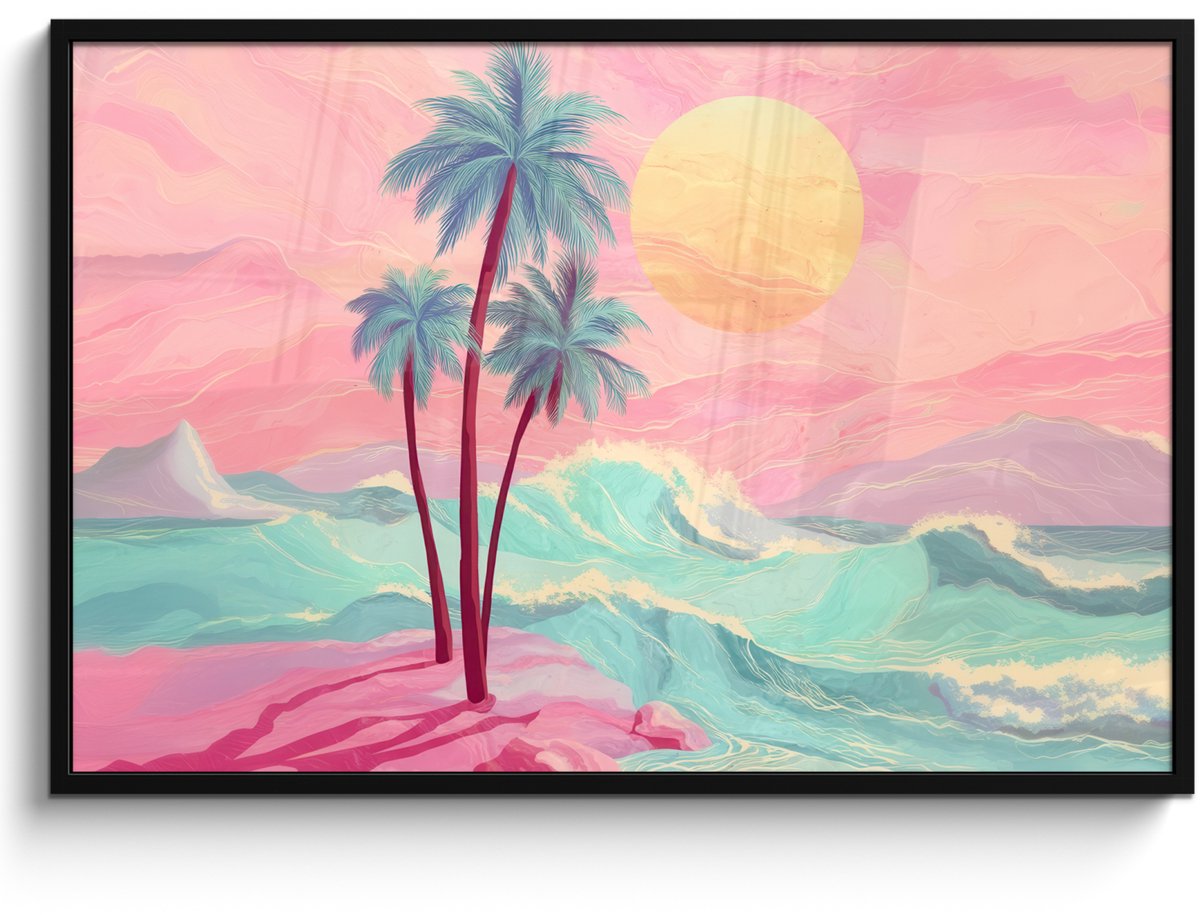 FrameYourWall Poster in lijst - Fotolijst 120x80 cm - Posters - Palmbomen - Golven - Zee - Posterlijst zwart - Decoratie - Wanddecoratie woonkamer - Muurdecoratie slaapkamer