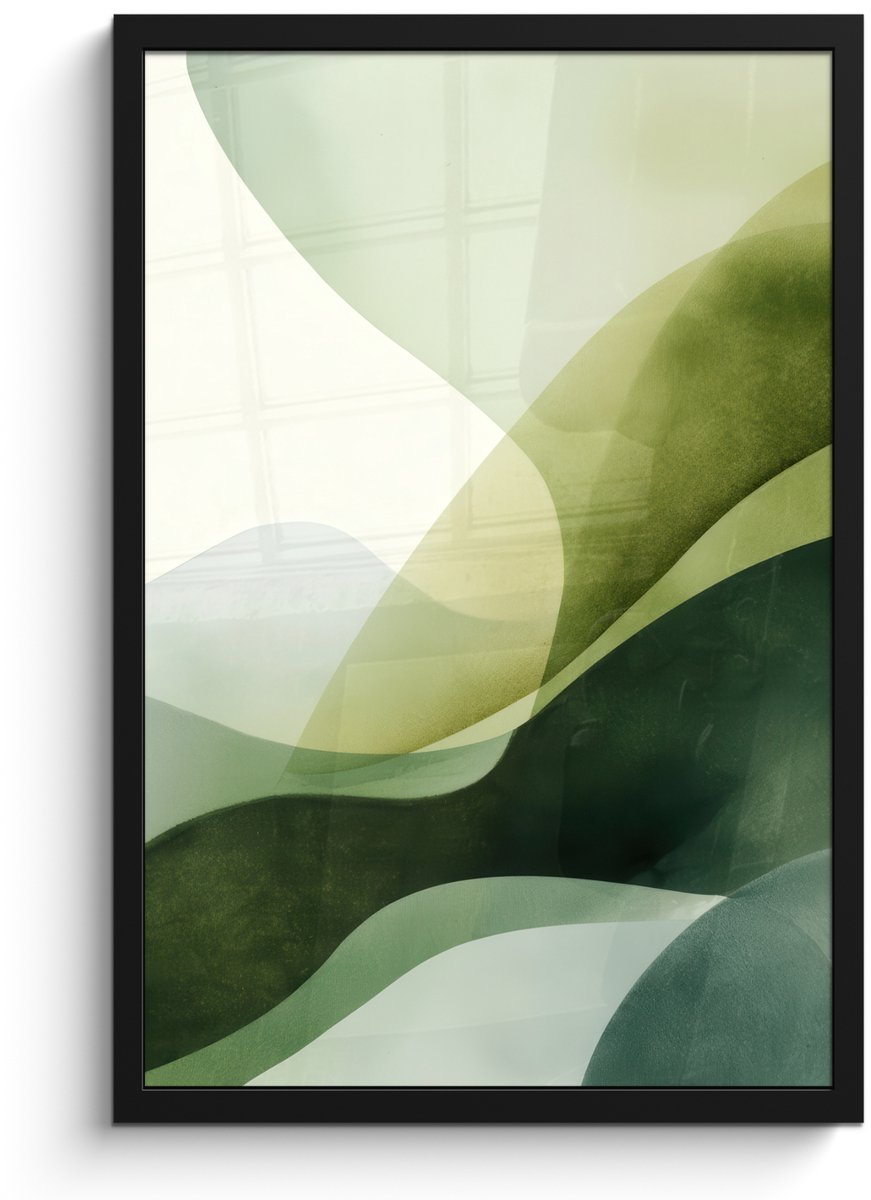 FrameYourWall Poster in lijst - Fotolijst 40x60 cm - Posters - Golven - Abstract - Lichtgroen - Sierlijk - Posterlijst zwart - Decoratie - Wanddecoratie woonkamer - Muurdecoratie slaapkamer
