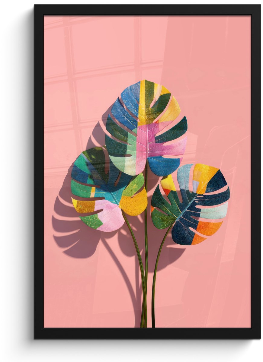 FrameYourWall Poster in lijst - Fotolijst 40x60 cm - Posters - Bladeren - Geschilderd - Vlakken - Kleurrijk - Posterlijst zwart - Decoratie - Wanddecoratie woonkamer - Muurdecoratie slaapkamer