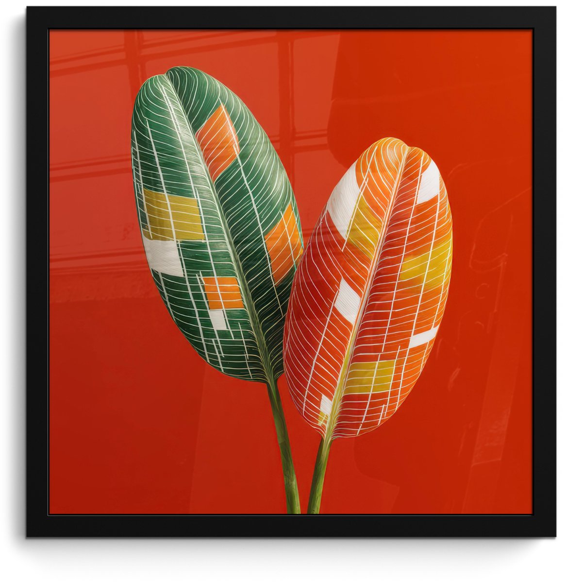 FrameYourWall Poster in lijst - Fotolijst 40x40 cm - Posters - Bladeren - Ovaal - Mozaïek - Patroon - Posterlijst zwart - Decoratie - Wanddecoratie woonkamer - Muurdecoratie slaapkamer