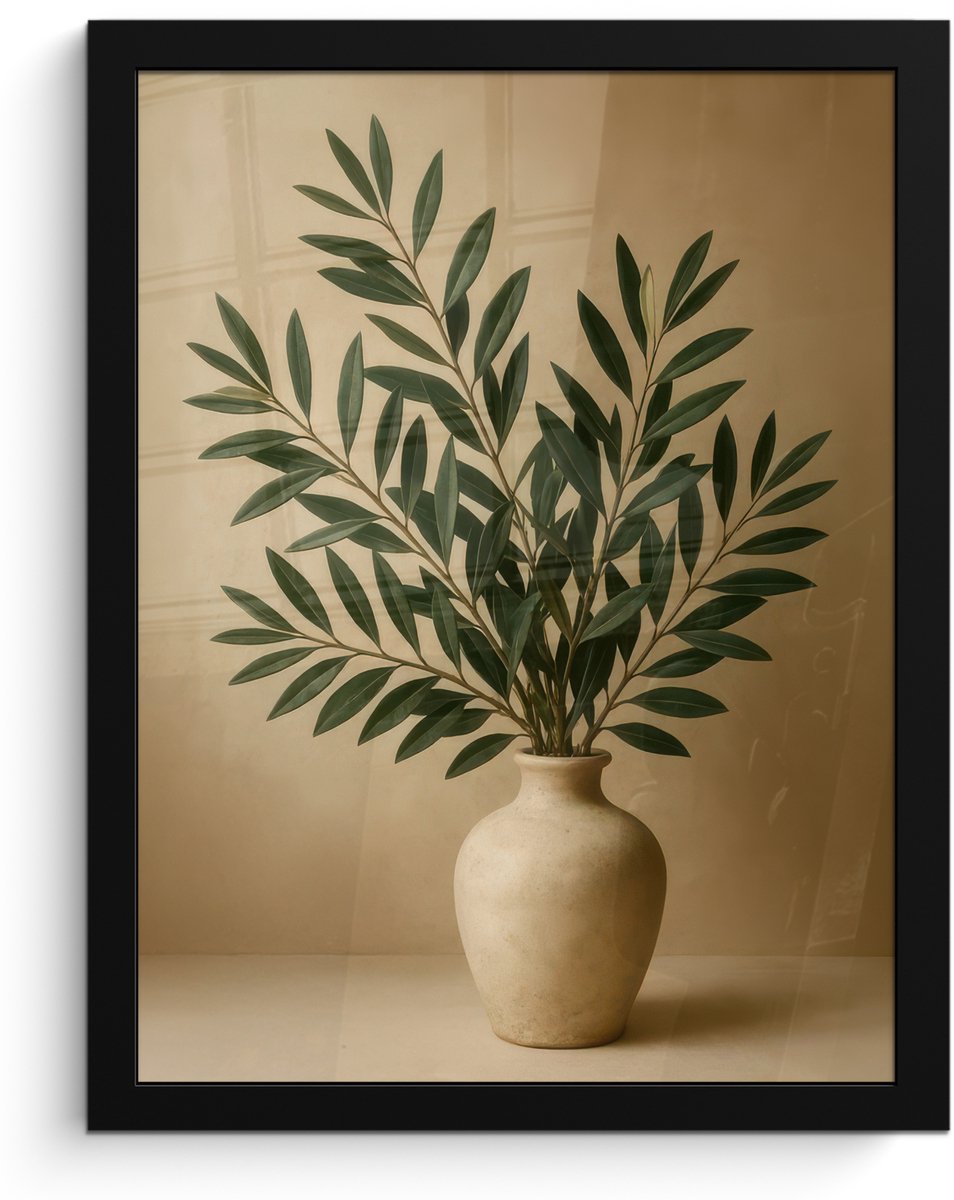 FrameYourWall Poster in lijst - Fotolijst 30x40 cm - Posters - Vaas - Olijftakken - Bladeren - Beige - Posterlijst zwart - Decoratie - Wanddecoratie woonkamer - Muurdecoratie slaapkamer