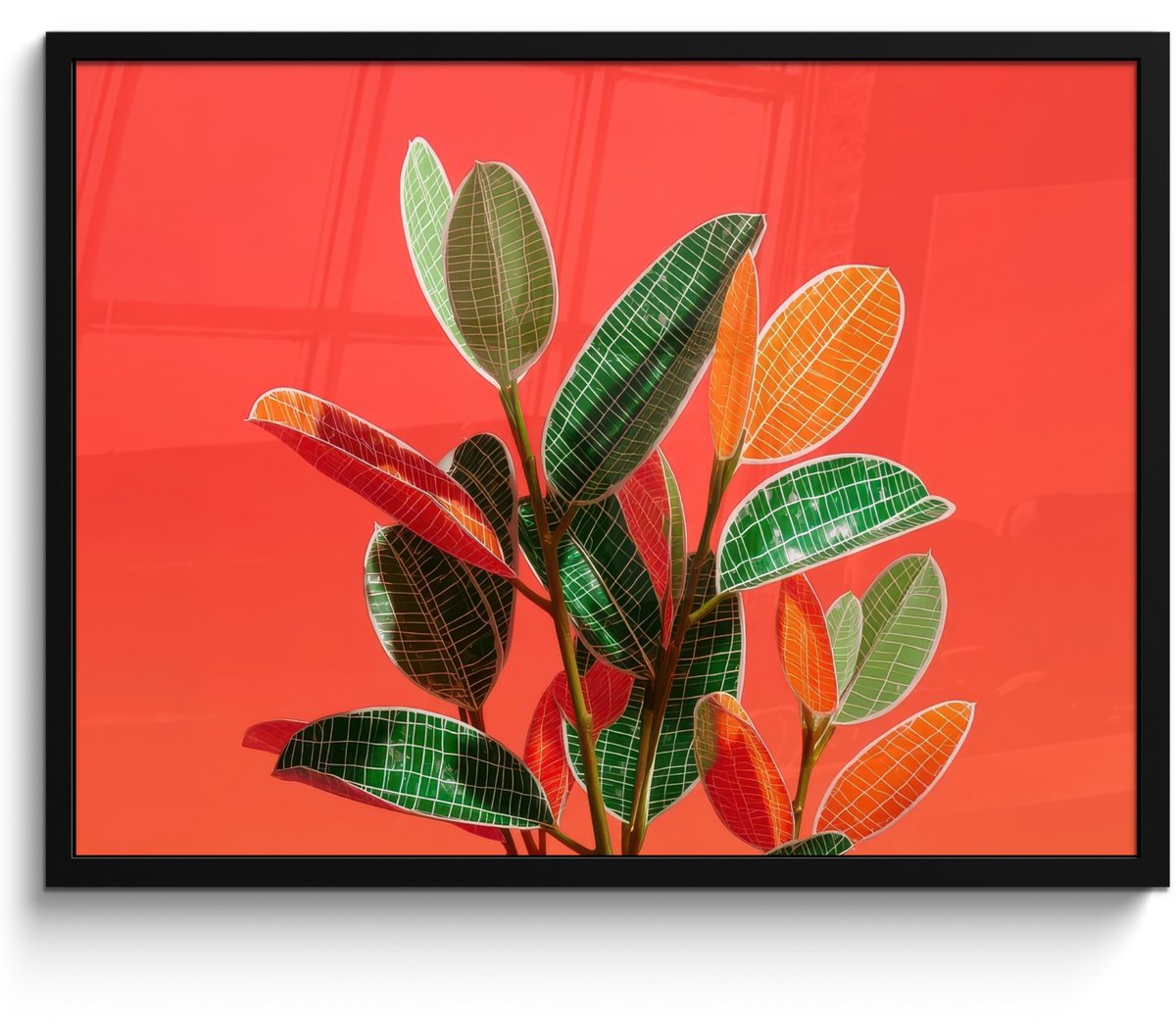FrameYourWall Poster in lijst - Fotolijst 80x60 cm - Posters - Bladeren - Nerven - Oranje - Structuur - Posterlijst zwart - Decoratie - Wanddecoratie woonkamer - Muurdecoratie slaapkamer Bladeren - Nerven - Structuur