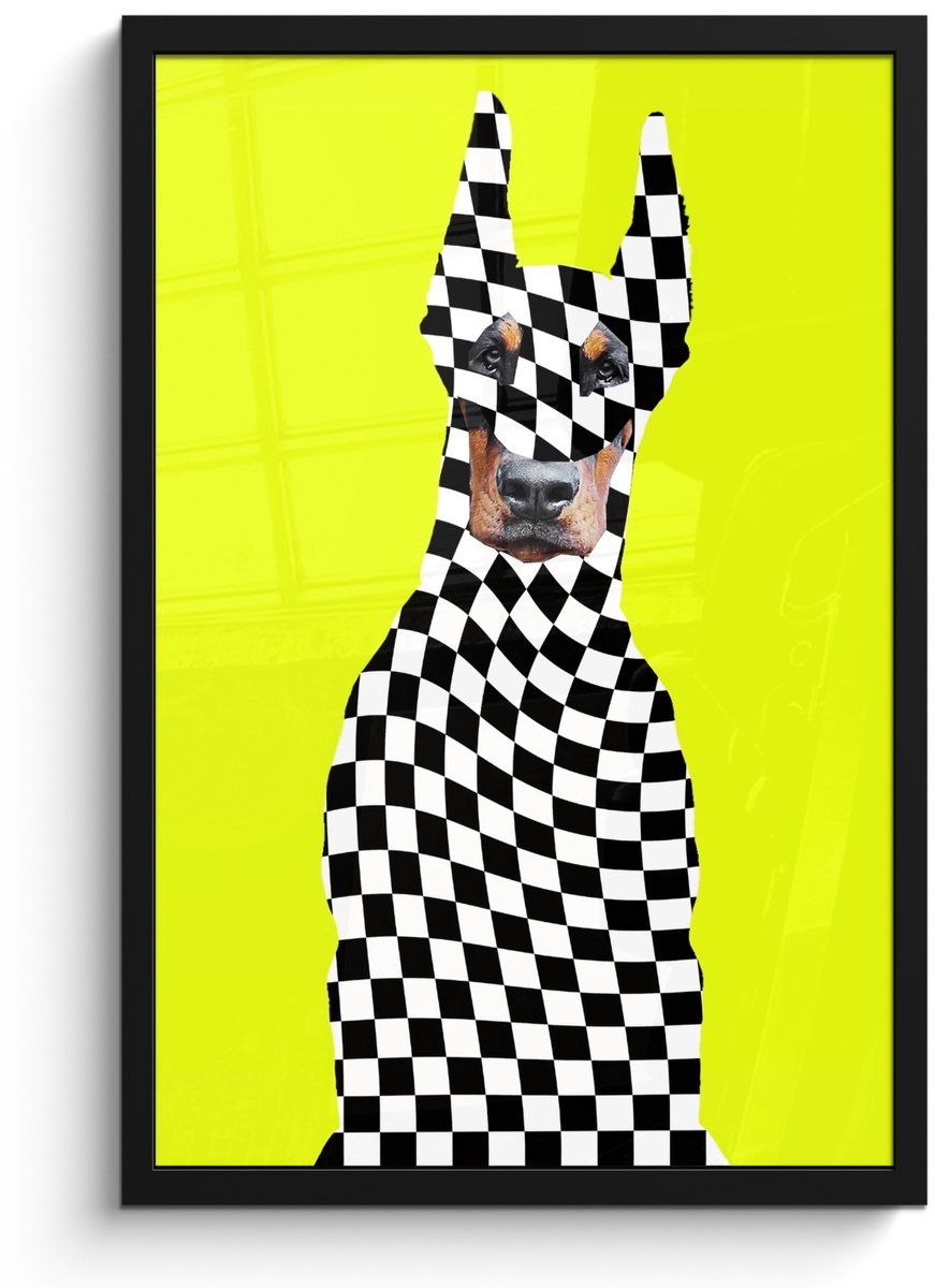 FrameYourWall Poster in lijst - Fotolijst 40x60 cm - Posters - Dobermann - Geblokt - Geel - Posterlijst zwart - Decoratie - Wanddecoratie woonkamer - Muurdecoratie slaapkamer Hond - Geblokt