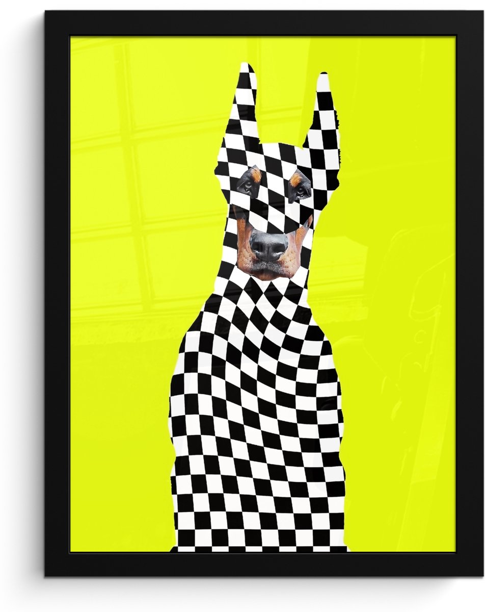 FrameYourWall Poster in lijst - Fotolijst 30x40 cm - Posters - Dobermann - Geblokt - Geel - Posterlijst zwart - Decoratie - Wanddecoratie woonkamer - Muurdecoratie slaapkamer Hond - Geblokt
