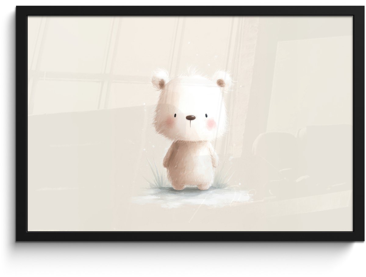 FrameYourWall Poster in lijst - Fotolijst 60x40 cm - Posters - Beertje - Sneeuwvlokje - Wit - Pluizig - Posterlijst zwart - Decoratie - Wanddecoratie woonkamer - Muurdecoratie slaapkamer