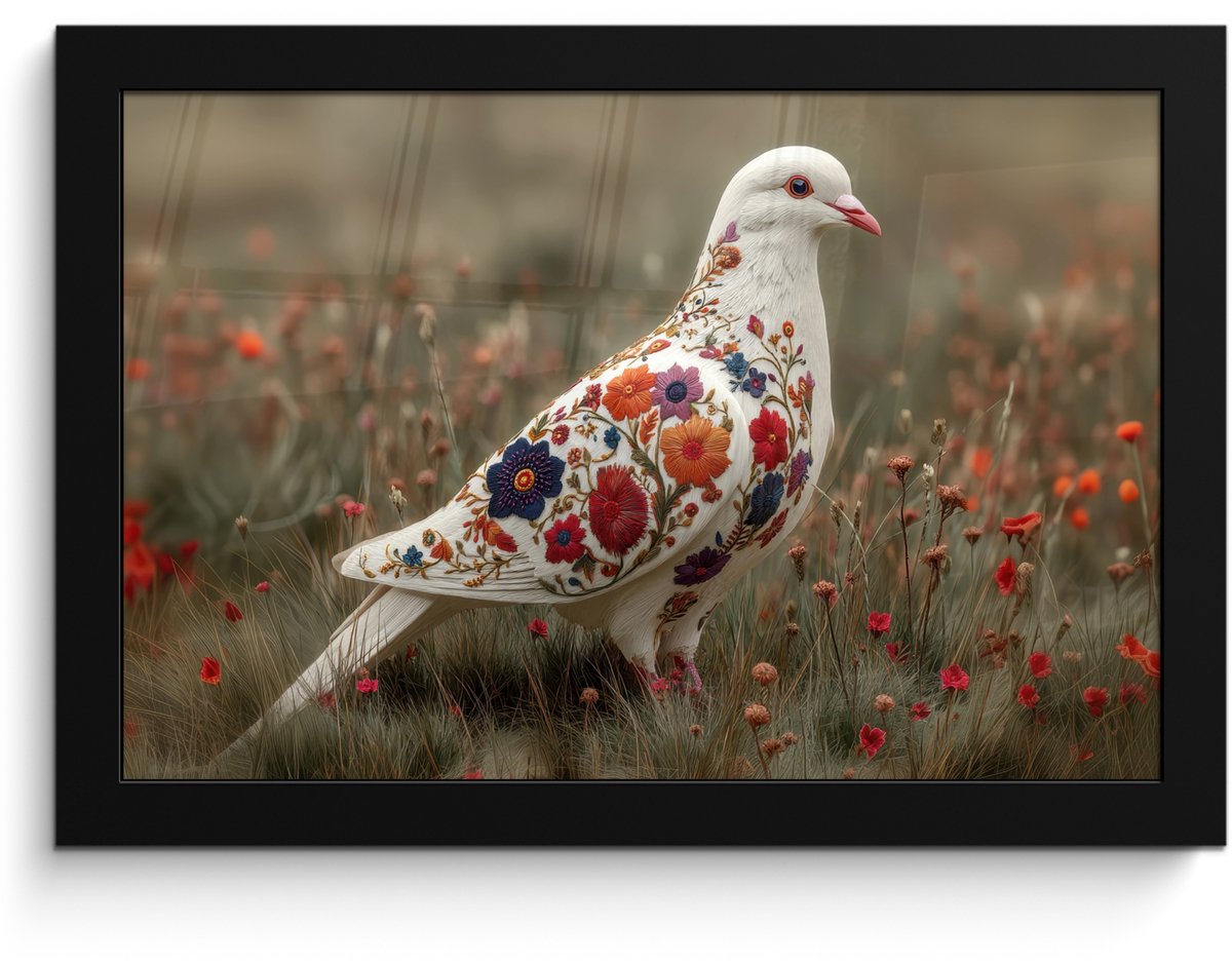 FrameYourWall Poster in lijst - Fotolijst 30x20 cm - Posters - Duif - Bloemen - Natuur - Posterlijst zwart - Decoratie - Wanddecoratie woonkamer - Muurdecoratie slaapkamer