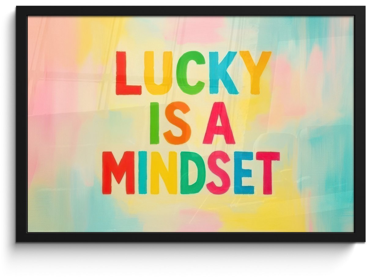 FrameYourWall Poster in lijst - Fotolijst 60x40 cm - Posters - Quote - Lucky - Regenboogkleuren - Posterlijst zwart - Decoratie - Wanddecoratie woonkamer - Muurdecoratie slaapkamer Quote - Lucky - Kleurrijk