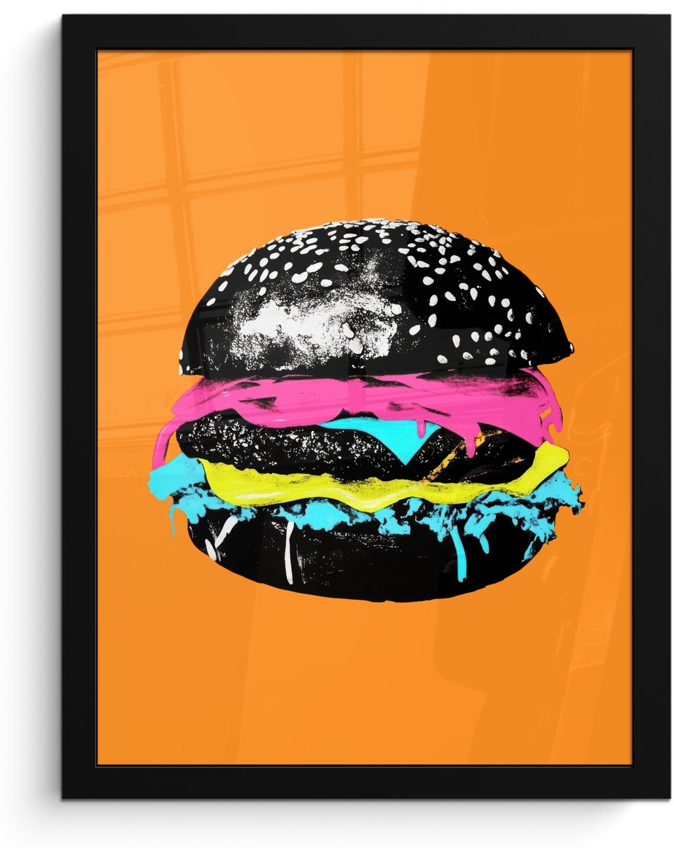 FrameYourWall Poster in lijst - Fotolijst 30x40 cm - Posters - Hamburger - Oranje - Neon - popart - Posterlijst zwart - Decoratie - Wanddecoratie woonkamer - Muurdecoratie slaapkamer Hamburger - popart