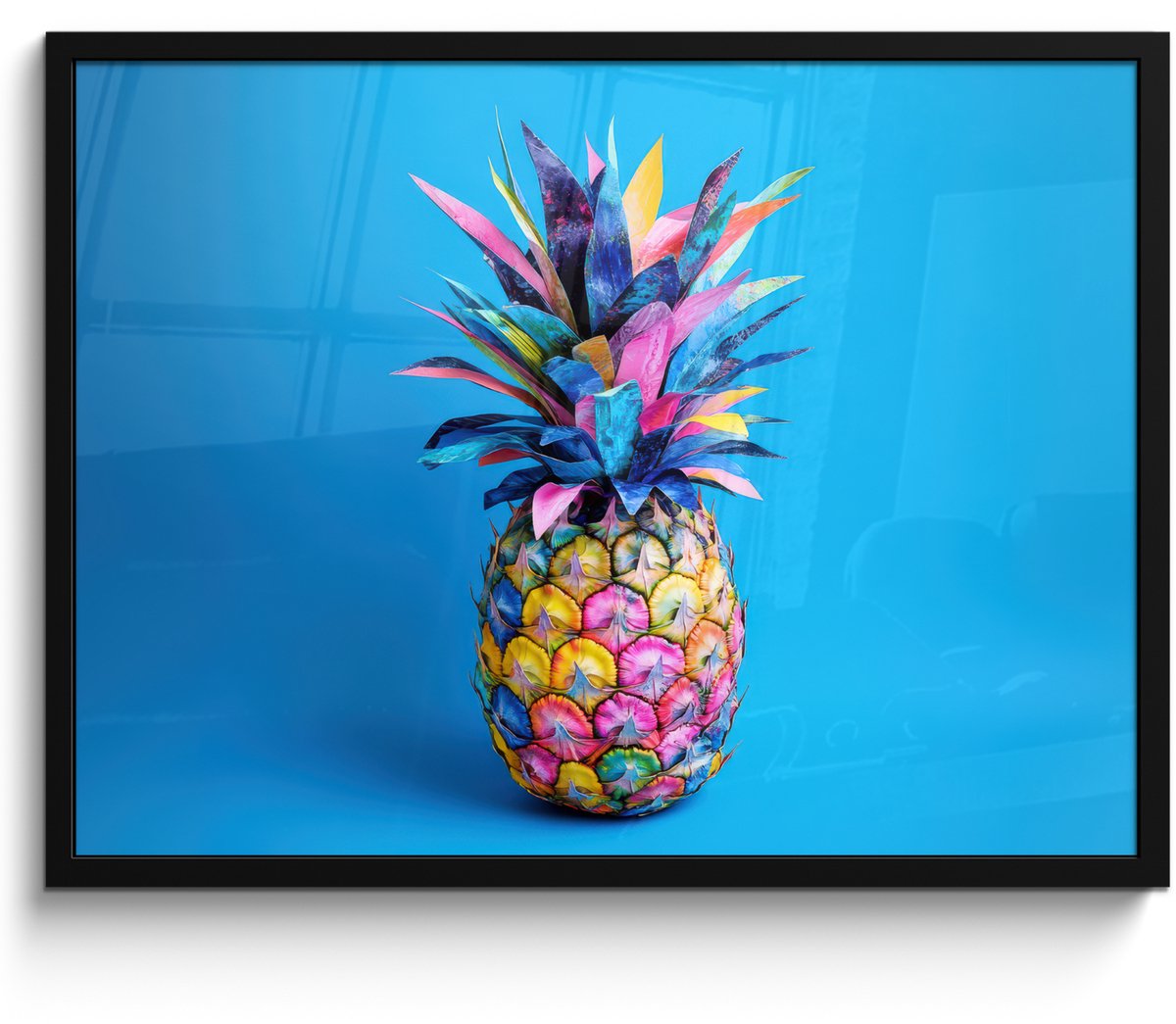 FrameYourWall Poster in lijst - Fotolijst 80x60 cm - Posters - Ananas - Blauw - Tropisch - Vrolijk - Posterlijst zwart - Decoratie - Wanddecoratie woonkamer - Muurdecoratie slaapkamer Ananas - Tropisch