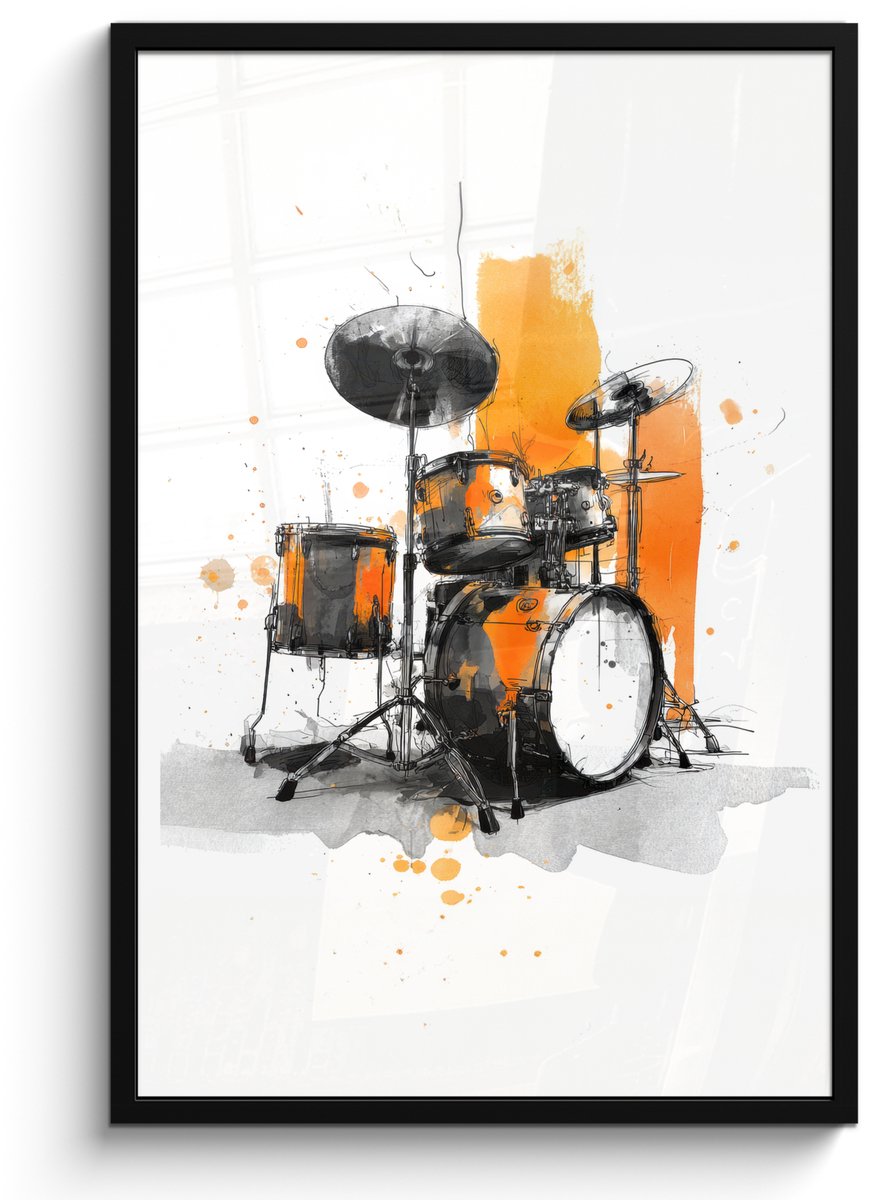 FrameYourWall Poster in lijst - Fotolijst 60x90 cm - Posters - Drumstel - Oranje - Zwart - Aquarelverf - Posterlijst zwart - Decoratie - Wanddecoratie woonkamer - Muurdecoratie slaapkamer