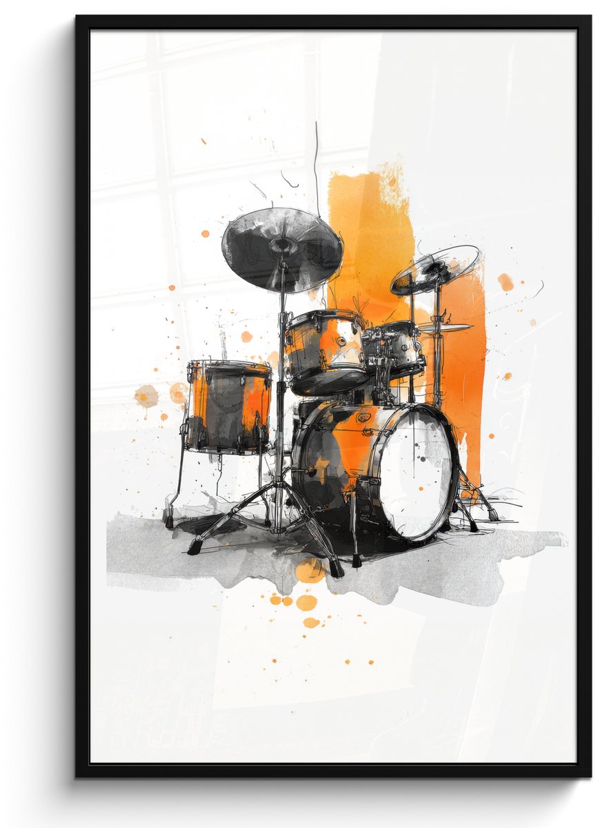 FrameYourWall Poster in lijst - Fotolijst 80x120 cm - Posters - Drumstel - Oranje - Zwart - Aquarelverf - Posterlijst zwart - Decoratie - Wanddecoratie woonkamer - Muurdecoratie slaapkamer
