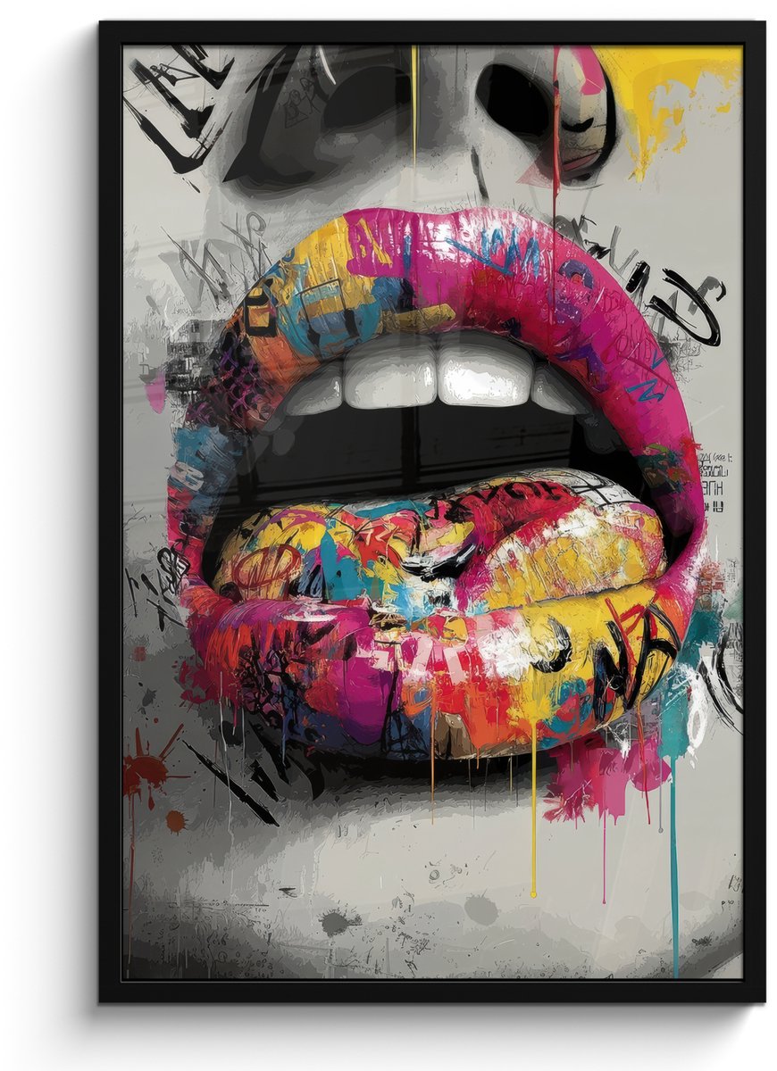 FrameYourWall Poster in lijst - Fotolijst 60x90 cm - Posters - Lippen - Graffiti - Expressief - Posterlijst zwart - Decoratie - Wanddecoratie woonkamer - Muurdecoratie slaapkamer