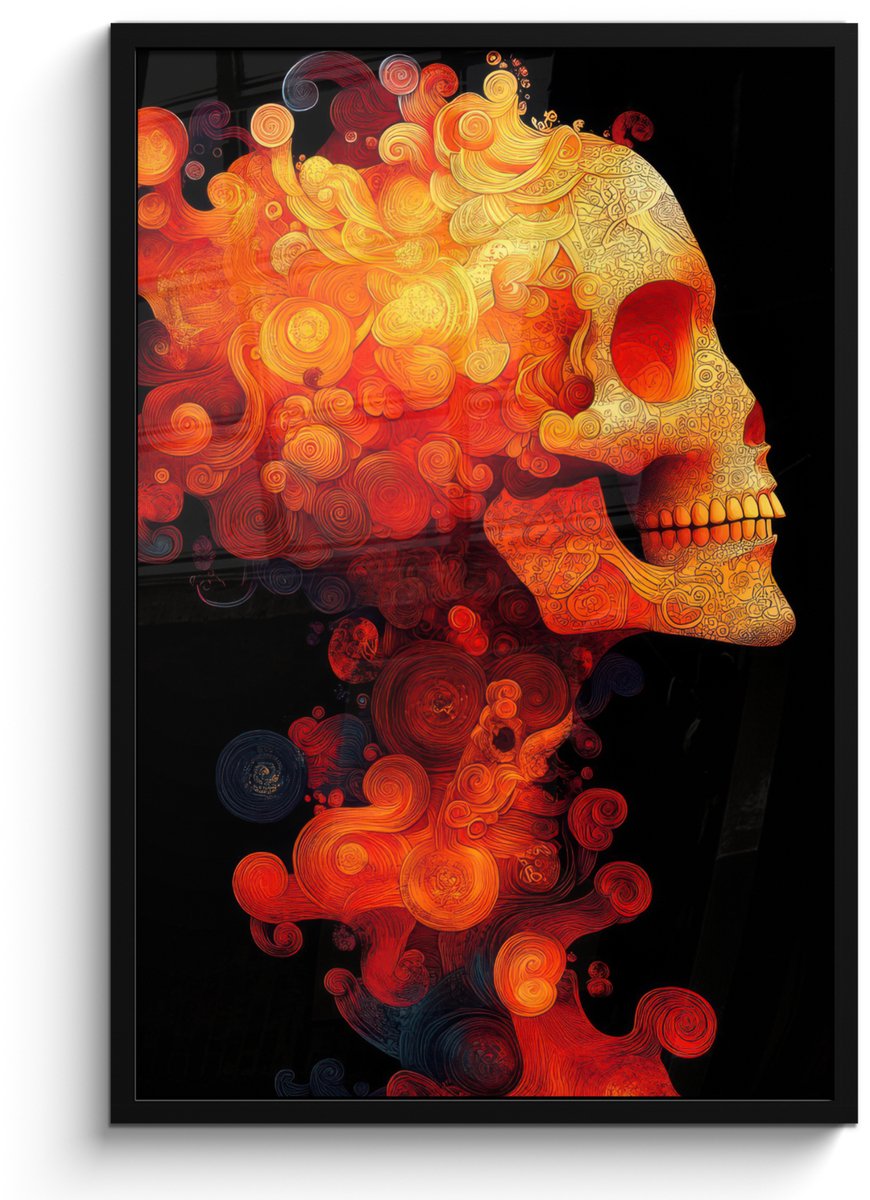 FrameYourWall Poster in lijst - Fotolijst 60x90 cm - Posters - Schedel - Oranje - Zijaanzicht - Vlammen - Posterlijst zwart - Decoratie - Wanddecoratie woonkamer - Muurdecoratie slaapkamer Schedel - Vlammen