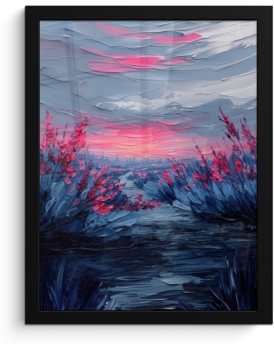 FrameYourWall Poster in lijst - Fotolijst 30x40 cm - Posters - Schilderij - Zonsondergang - Bloemen - Rivier - Posterlijst zwart - Decoratie - Wanddecoratie woonkamer - Muurdecoratie slaapkamer