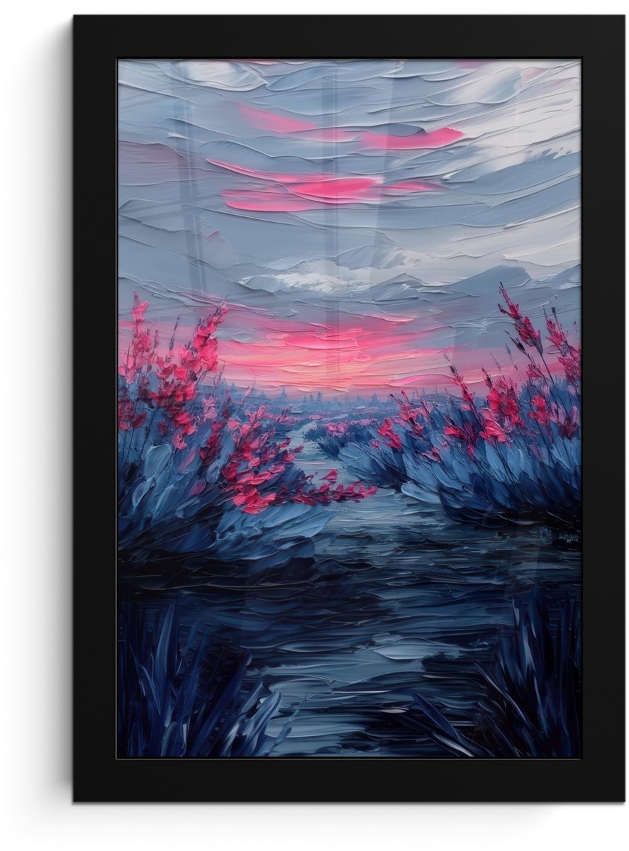 FrameYourWall Poster in lijst - Fotolijst 20x30 cm - Posters - Schilderij - Zonsondergang - Bloemen - Rivier - Posterlijst zwart - Decoratie - Wanddecoratie woonkamer - Muurdecoratie slaapkamer