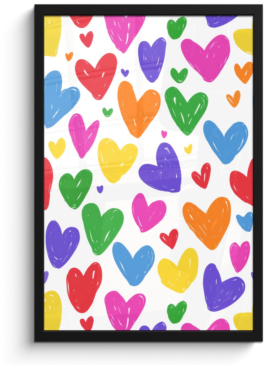 FrameYourWall Poster in lijst - Fotolijst 40x60 cm - Posters - Hartjes - Patroon - Kleurrijk - Tekening - Posterlijst zwart - Decoratie - Wanddecoratie woonkamer - Muurdecoratie slaapkamer Hartjes - Kleurrijk