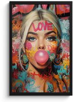 Poster in lijst - Fotolijst 40x60 cm - Posters - Vrouw - Kauwgom - Graffiti - Love - Posterlijst zwart - Decoratie - Wanddecoratie woonkamer - Muurdecoratie slaapkamer