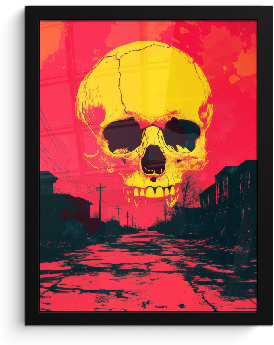 FrameYourWall Poster in lijst - Fotolijst 30x40 cm - Posters - Straat - Verlaten - Schedel - Geel - Posterlijst zwart - Decoratie - Wanddecoratie woonkamer - Muurdecoratie slaapkamer Schedel - Straat