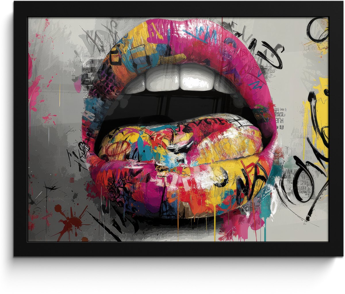 FrameYourWall Poster in lijst - Fotolijst 40x30 cm - Posters - Lippen - Graffiti - Expressief - Posterlijst zwart - Decoratie - Wanddecoratie woonkamer - Muurdecoratie slaapkamer
