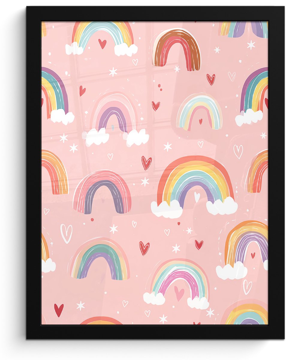 FrameYourWall Poster in lijst - Fotolijst 30x40 cm - Posters - Regenboog - Patroon - Pastel - Handgetekend - Posterlijst zwart - Decoratie - Wanddecoratie woonkamer - Muurdecoratie slaapkamer