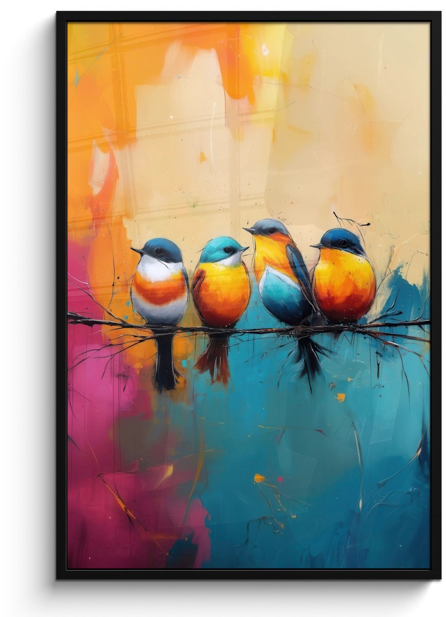 FrameYourWall Poster in lijst - Fotolijst 80x120 cm - Posters - Vogels - Kleurrijk - Tak - Abstract - Posterlijst zwart - Decoratie - Wanddecoratie woonkamer - Muurdecoratie slaapkamer