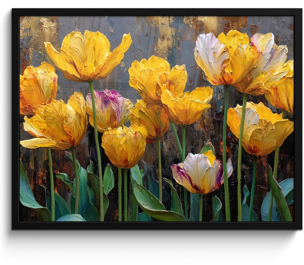 FrameYourWall Poster in lijst - Fotolijst 80x60 cm - Posters - Tulpen - Geel - Penseelstreken - Abstract - Posterlijst zwart - Decoratie - Wanddecoratie woonkamer - Muurdecoratie slaapkamer