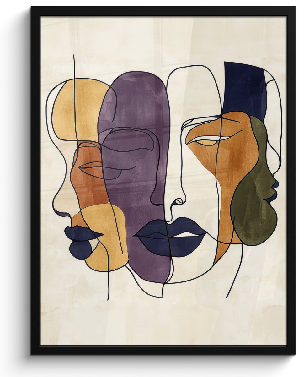 FrameYourWall Poster in lijst - Fotolijst 60x80 cm - Posters - Abstract - Overlappende gezichten - Paars - Donkergroen - Posterlijst zwart - Decoratie - Wanddecoratie woonkamer - Muurdecoratie slaapkamer Abstract - Gezichten