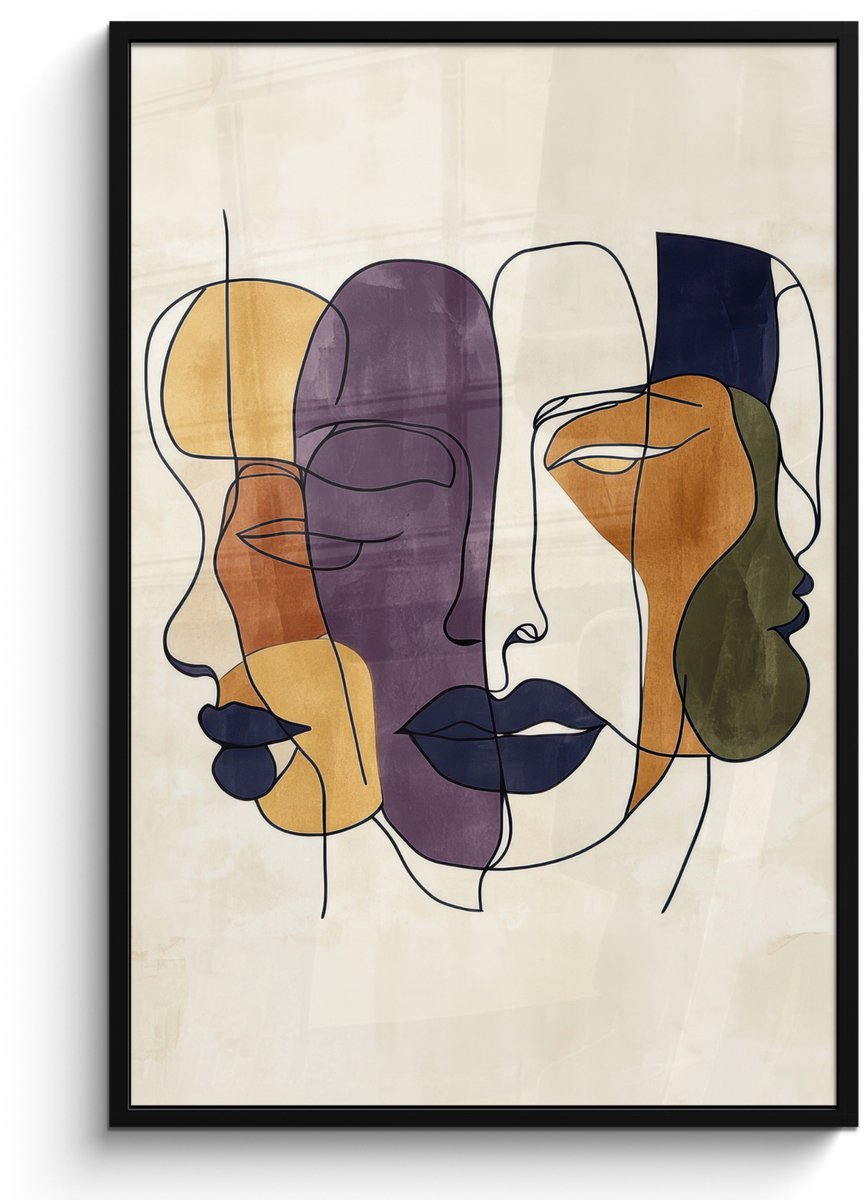 FrameYourWall Poster in lijst - Fotolijst 80x120 cm - Posters - Abstract - Overlappende gezichten - Paars - Donkergroen - Posterlijst zwart - Decoratie - Wanddecoratie woonkamer - Muurdecoratie slaapkamer Abstract - Gezichten
