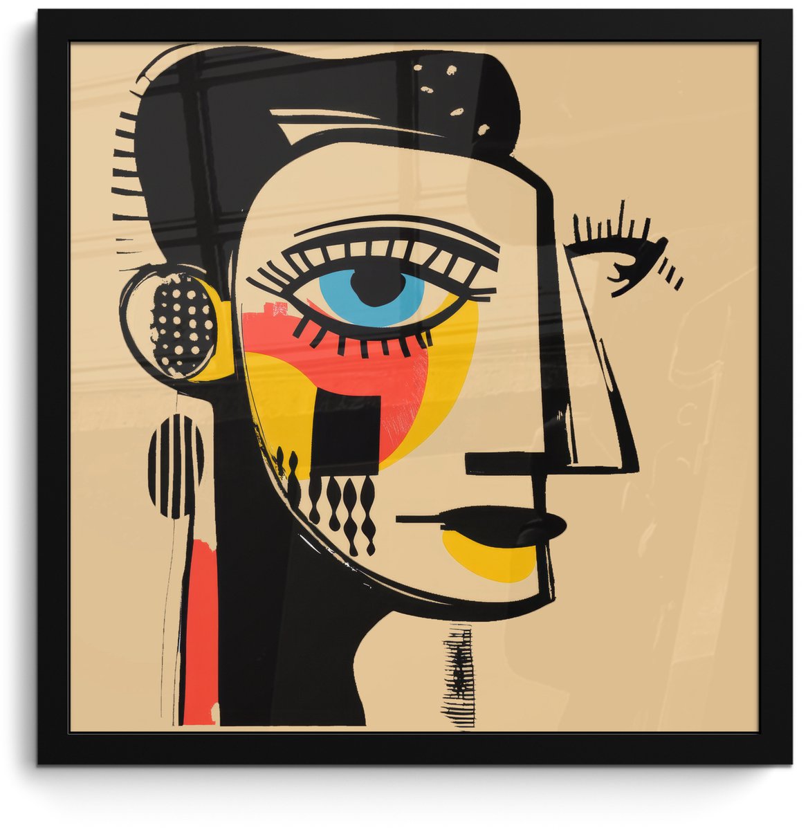 FrameYourWall Poster in lijst - Fotolijst 40x40 cm - Posters - Geometrisch - Felle kleuren - Kubistische stijl - Posterlijst zwart - Decoratie - Wanddecoratie woonkamer - Muurdecoratie slaapkamer Gezicht - Kunst