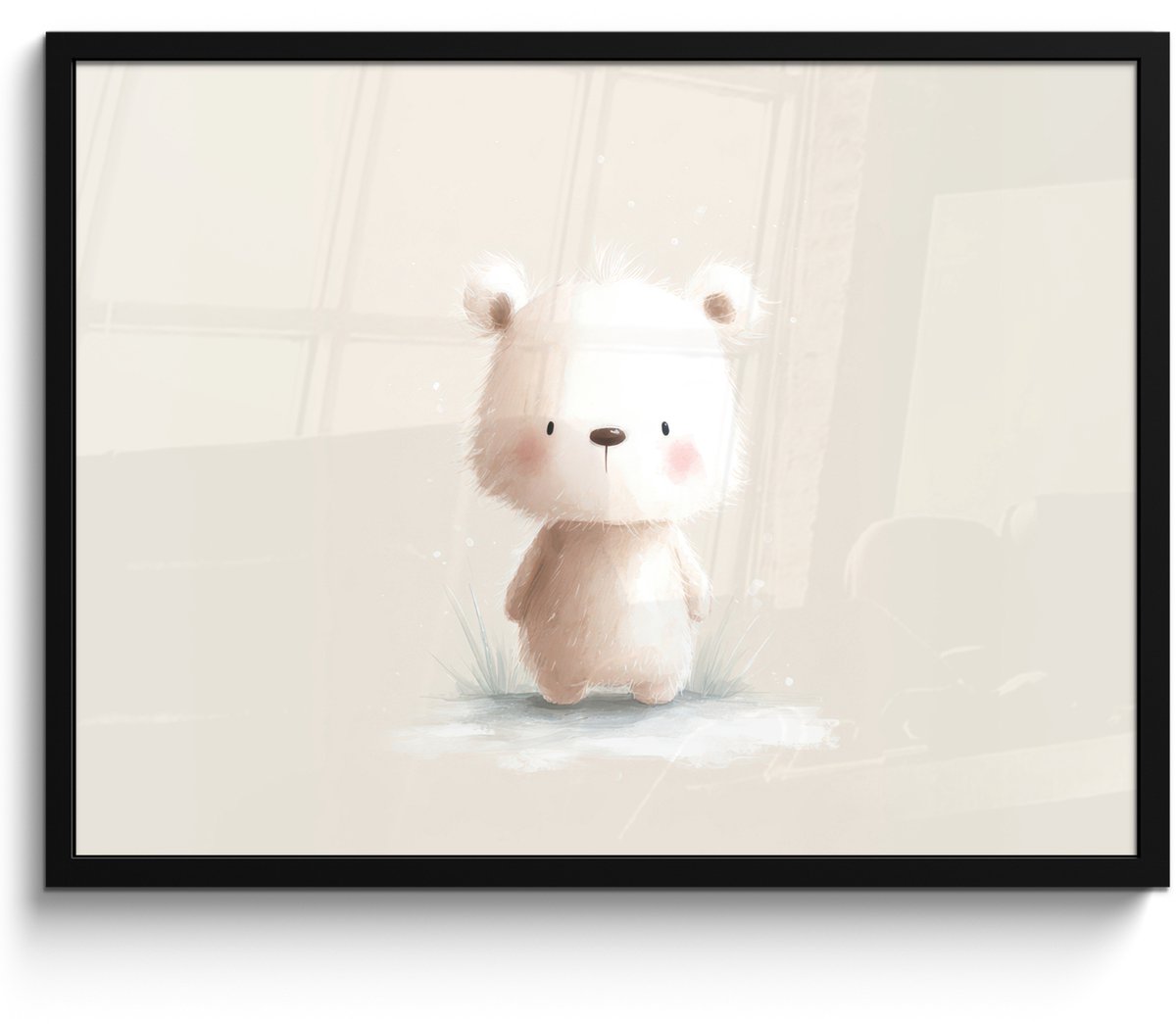FrameYourWall Poster in lijst - Fotolijst 80x60 cm - Posters - Beertje - Sneeuwvlokje - Wit - Pluizig - Posterlijst zwart - Decoratie - Wanddecoratie woonkamer - Muurdecoratie slaapkamer